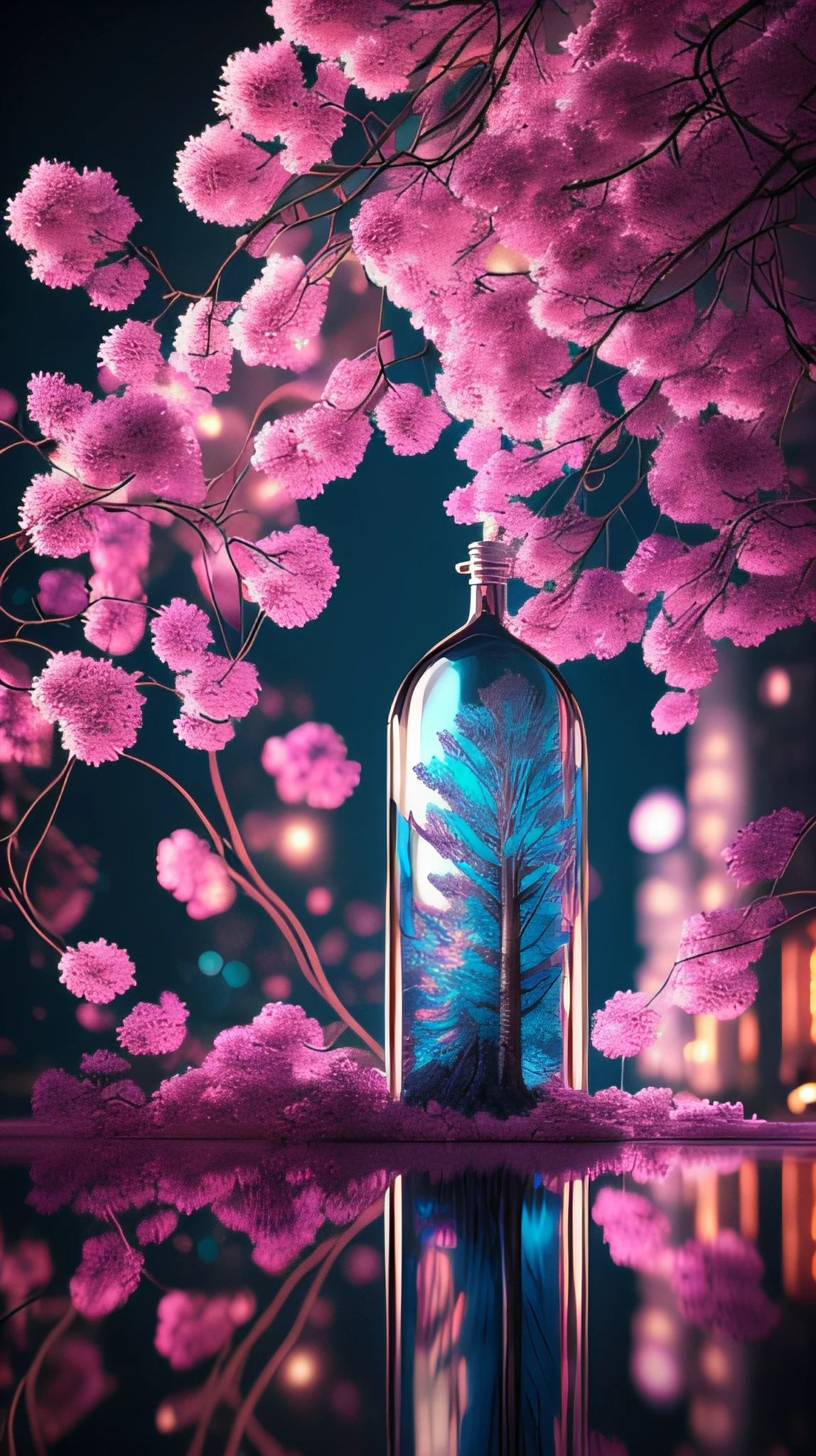 dreamlikeart tree in a bottle, fluffy, realistic, photo, canon, dreamlike, art, colorfull leaves and branches with flowers on top of its head. hyperdetailed photorealism by greg rutkowski - h 1024 w 804 | f 1 6 lens mark 2:2 s 3555 mm film grain :1 lifelike high res sharp focus contrast!! intricate detailed atmospheric light refraction lighting unreal engine 5 cinematic concept photography masterpiece octane render trending at cgsociety rendered as