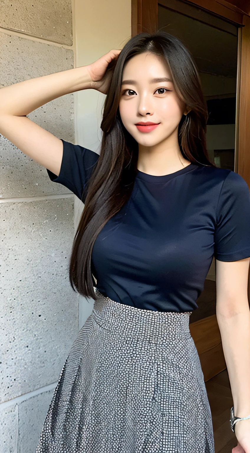 (a Korean girl: 1.5), (femal), there is only one person in the picture, ((Best Quality, 8K, Maste Piece: 1.3)), Sharp Focus: 1.2, (Upper body: 1.4), Perfect figure: 1.4, slim: 1.2, Happy expression, Office, Smile, navy blue short sleeve tight T-shirt, high quality tight t-shirt, Tight T-shirt, Delicate Fabric Texture, with high waist skirt, wide skirt, MIDI Skirt, light straight skirt, pleated skirt short skirt, with contrasting tones, Elegant, Highly detailed face and skin texture, Detailed eyes, Double eyelids, Long eyelashes, fine eyelashes, Fine Cloth Texture