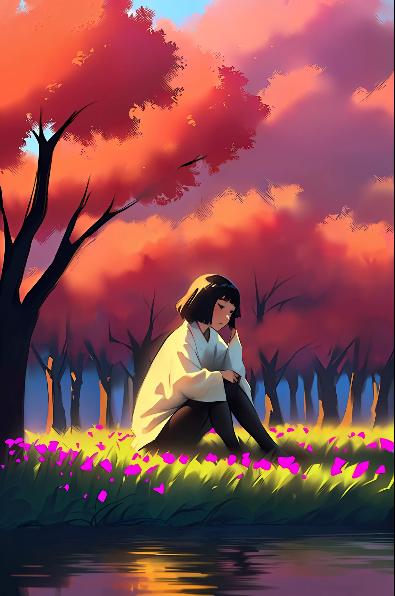 a woman sitting on a leaf in a lake surrounded by trees and flowers, arte conceitual relaxante, por Li Song, por Yang J, a beautiful artwork illustration, serene illustration, natureza anime, anime exuberante john 8k madeiras, por Goro Fujita, Directed by: Atey Ghailan, natureza anime wallpap, arte de fundo, Atey Ghailan 8 K, Arte Lofi --auto