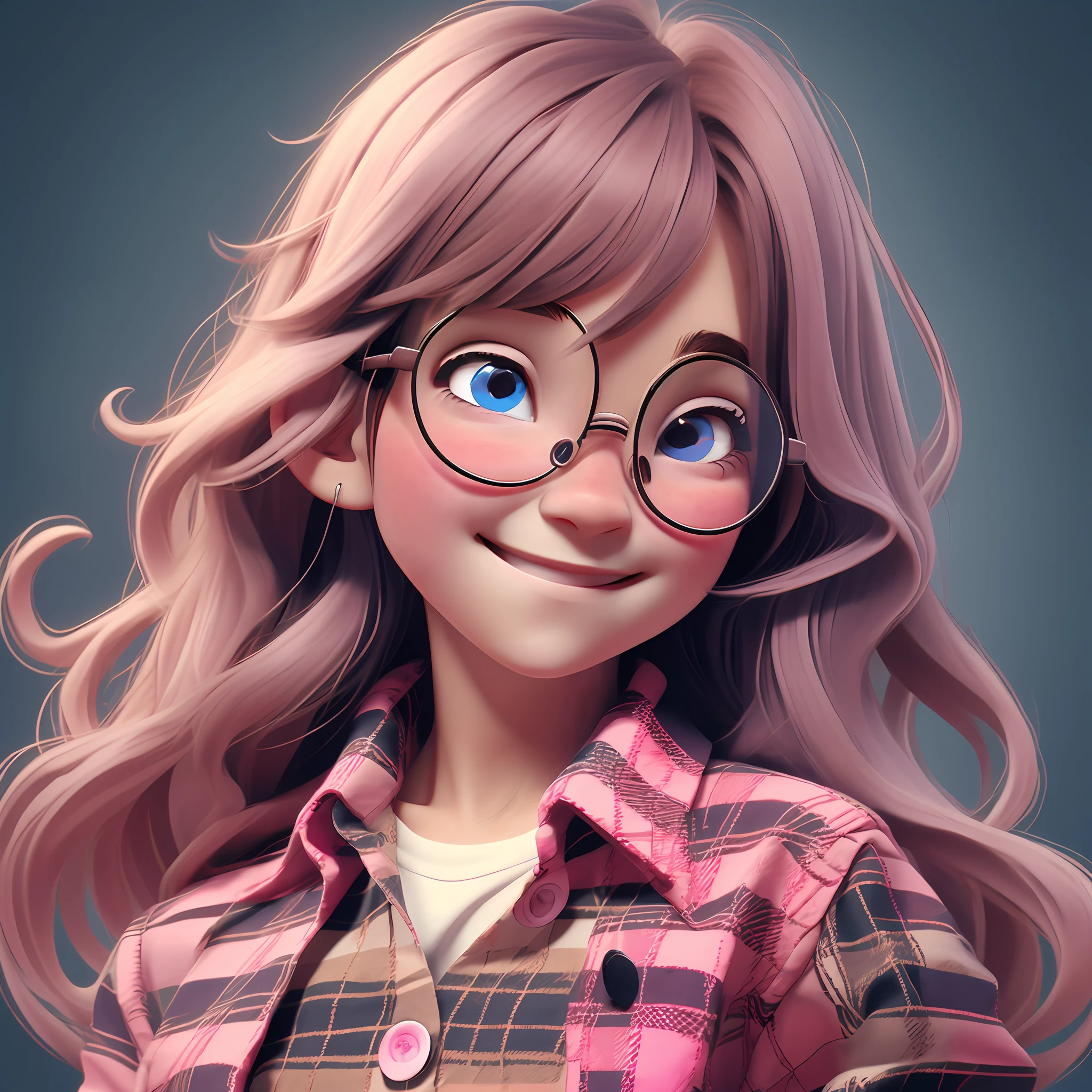 solo, PINK long hair, 1girl, BLUE eyes, female focus, plaid shirt, plaid, shirt, simple background, smile, female , round eyewear, long hair, closed mouth