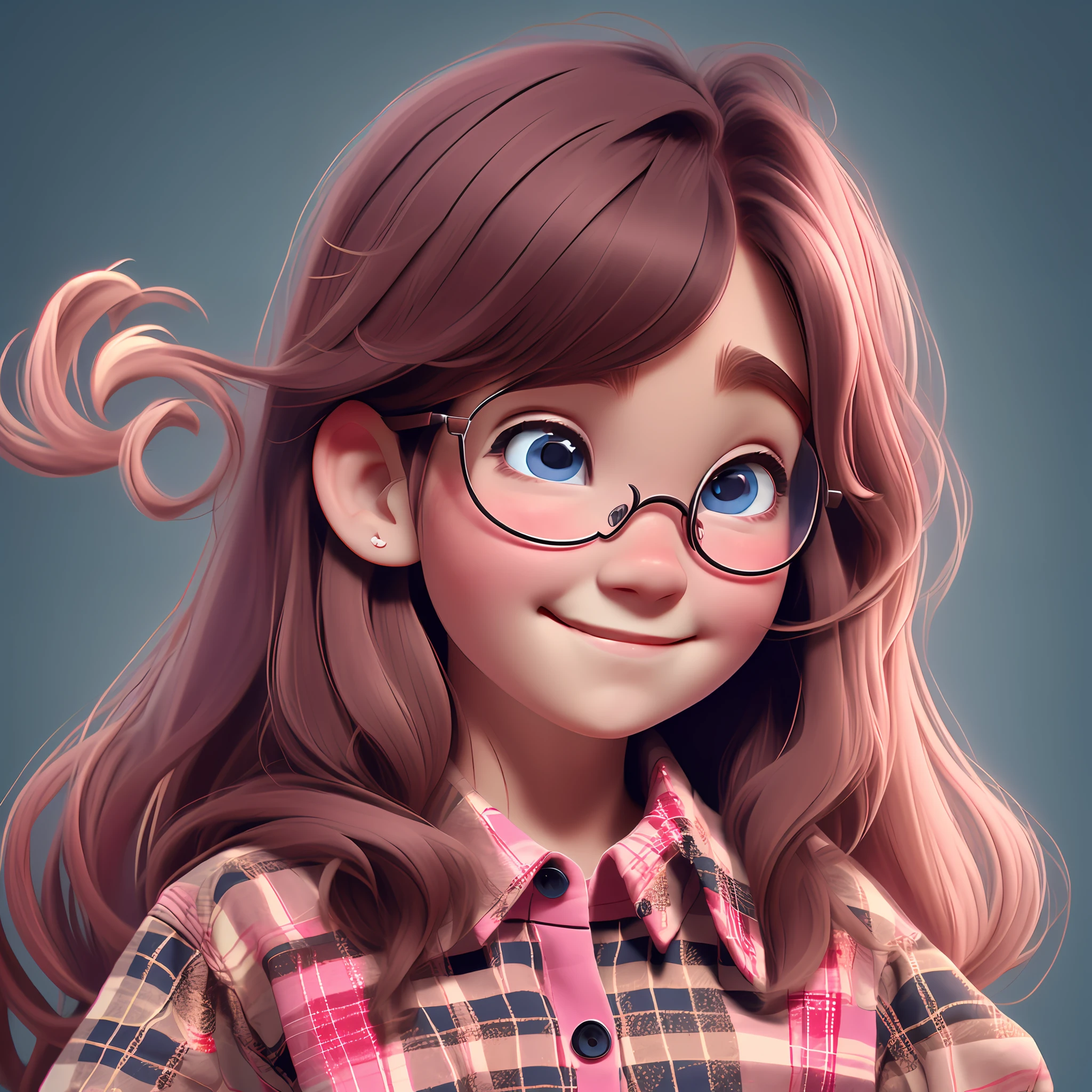 solo, PINK long hair, 1girl, BLUE eyes, female focus, plaid shirt, plaid, shirt, simple background, smile, female child, round eyewear, long hair, closed mouth