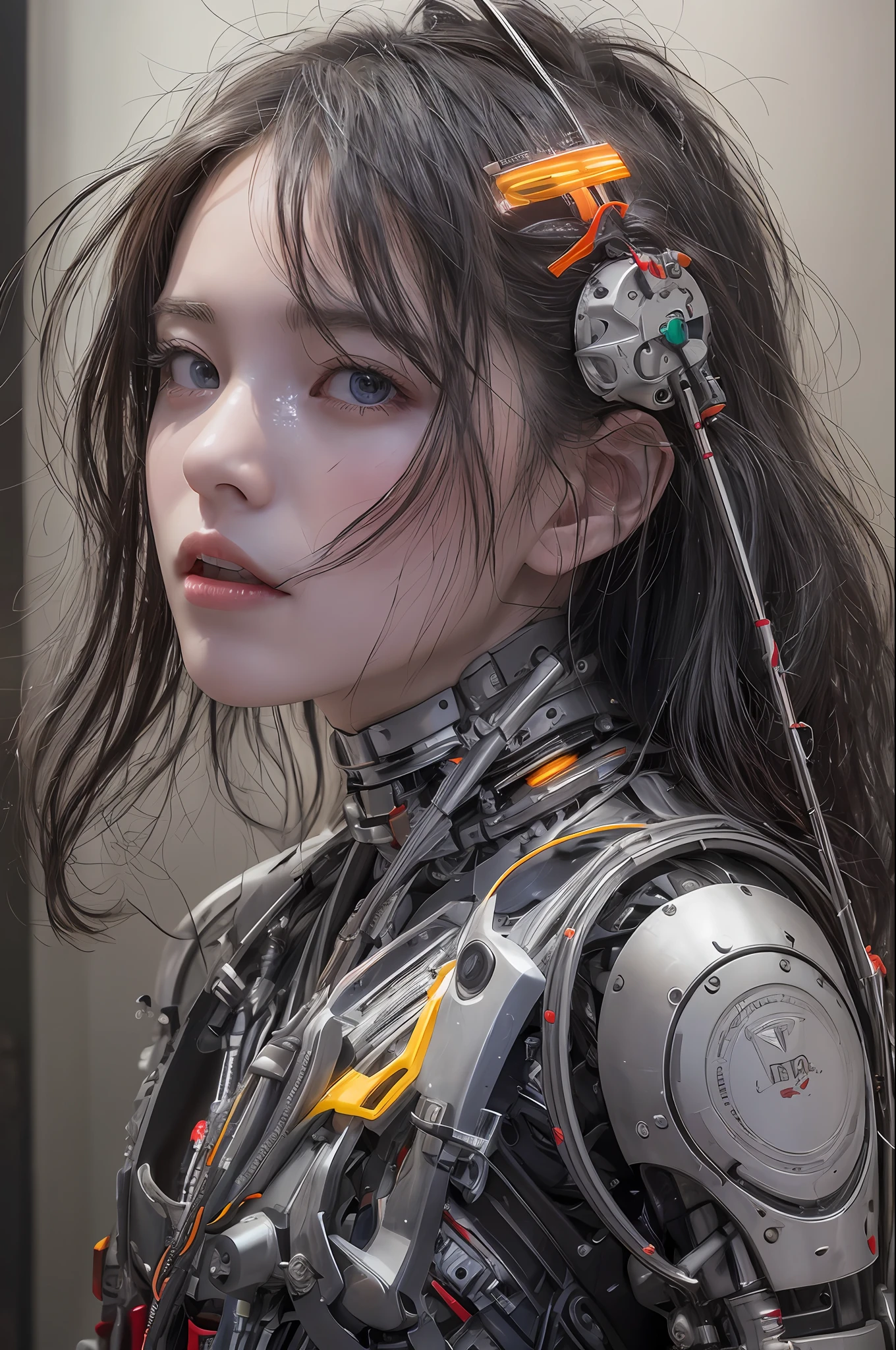 Top Quality, Masterpiece, Ultra High Resolution, (Photorealistic: 1.4), Raw Photo, 1 Girl, Black Hair, Glossy Skin, 1 Mechanical Girl, (Ultra Realistic Detail)), Portrait, Global Illumination, Shadows, Octane Rendering, 8K, Ultra Sharp, Big, Cleavage Exposed Raw Skin, Metal, Intricate Ornament Details, Japan Details, Very intricate details, realistic light, CGSoation trend, purple eyes, glowing eyes, facing the camera, neon details, mechanical limbs, blood vessels connected to the tube, mechanical vertebrae attached to the back, mechanical cervical attachment to the neck, sitting, wires and cables connecting to the head, gundam, small LED lamps,
