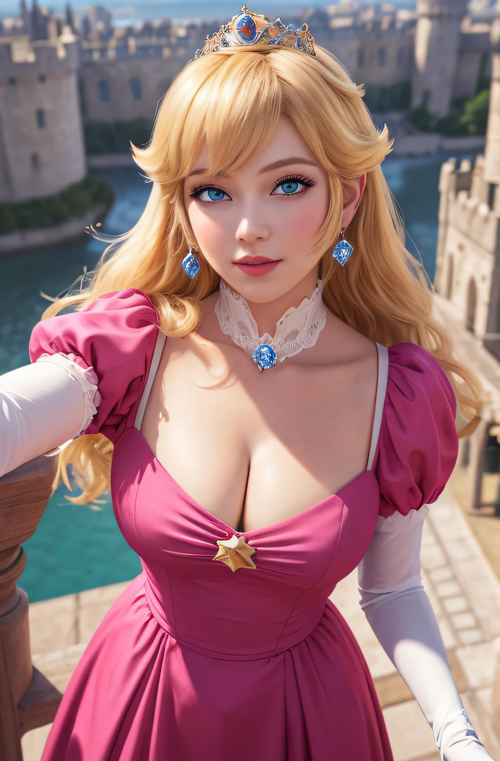 (masterpiece, best quality, highres:1.4), absurdres, 1girl,large breast, star eye, (princess peach), blush, (realistic:1.5), blue eyes, happy, BREAK, pink dress, cute girl,white arm glove, from above,
cowboy shot,perfect illumination, distinct,  looking at viewer, sidelighting, perfect face, detailed face, bangs, perfect body, beautiful eyes, pretty face, bright skin, idol, 
beautiful castle, beautiful city, (silk)