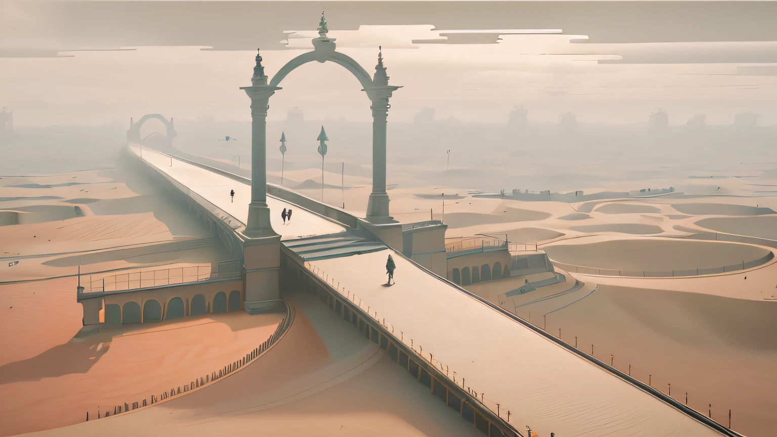Da ist ein Mann, walking on a bridge over a desert, inspiriert von Gediminas Pranckevicius, Dan McPharlin : : ornate, Reibungslose digitale Konzeptzeichnungen, beeple and jean giraud, 3-D-Render-Piepse, Andrei Riabovitchev symmetrisch, Bastien Grivet, Surreale Konzeptkunst, inspiriert von Mike Winkelmann