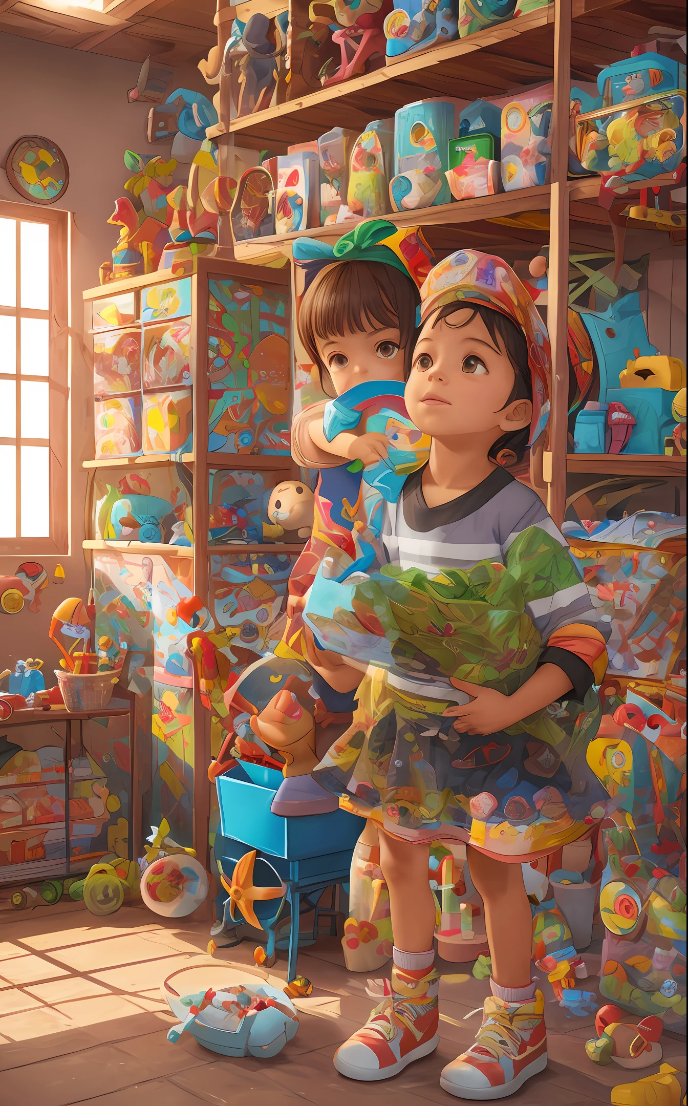 A Brazilian child in a toy factory, tamanho frontal, alta qualidade, alta nitidez, 8k, illustration --auto --s2