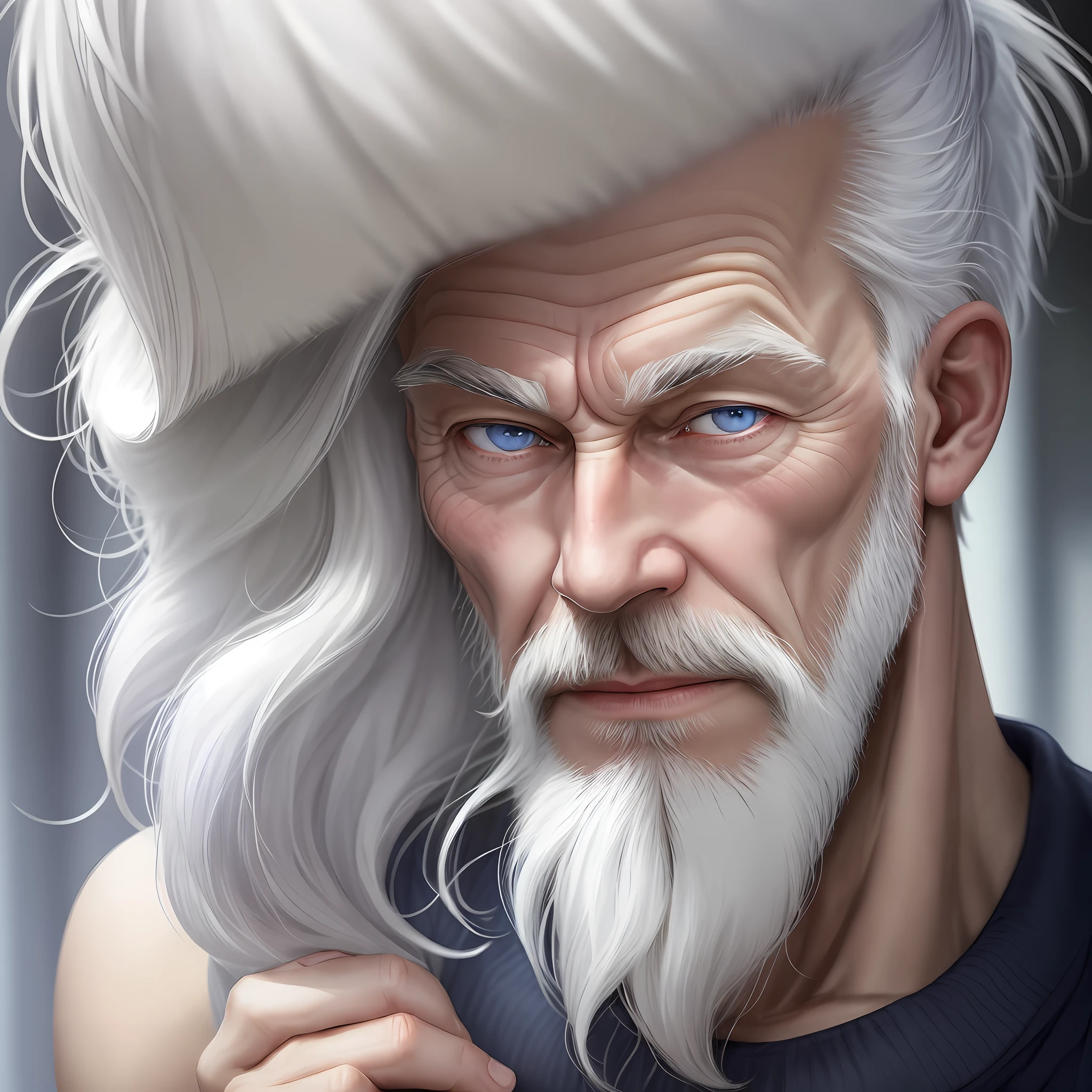 [(white-haired man, 60 years old), beard, graying hair, blue eyes)::0.9]