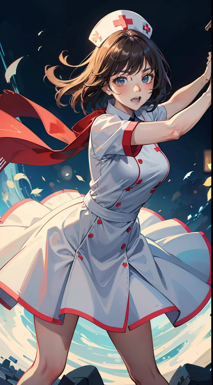 olfn,(masterpiece,best quality,ultra detailed),
1girl,perfect pretty face,dynamic pose,nurse dress,white dress, short skirt,detailed background,