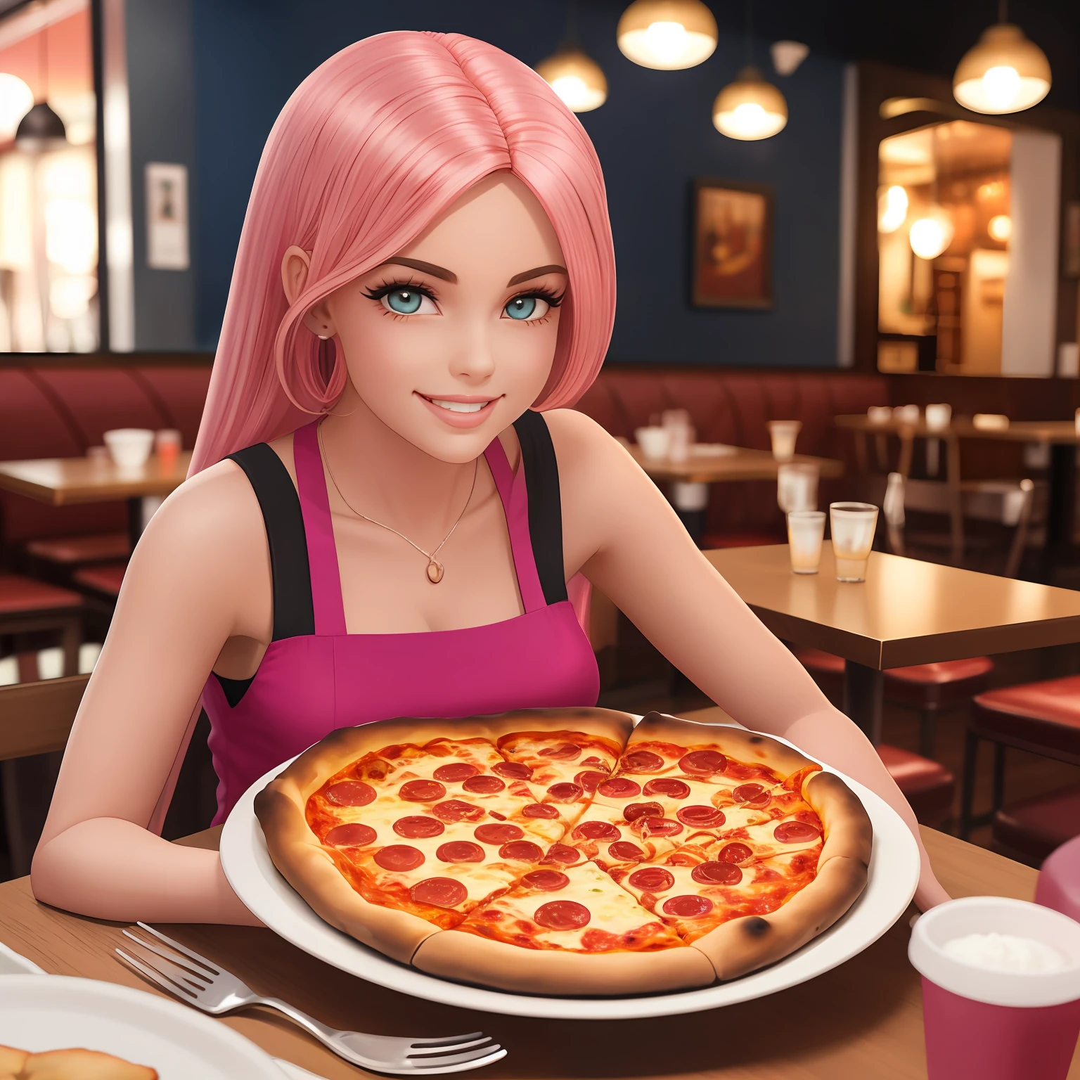 Imagem da Barbie inspirada no novo filme, retratada como uma jovem mulher com longos cabelos loiros ondulados e olhos azuis vivos. She has a friendly expression and a cheerful smile. Barbie is wearing an elegant pink casual dress. She's sitting at a table in a pizzeria, segurando uma fatia de pizza com queijo derretido e coberturas coloridas. She's about to take a bite of pizza, looking at the camera with a cheerful and enthusiastic look. The atmosphere is cozy and familiar, With a stylized decoration from Pizzeria to the Fund, did not want to edge burned the. --auto