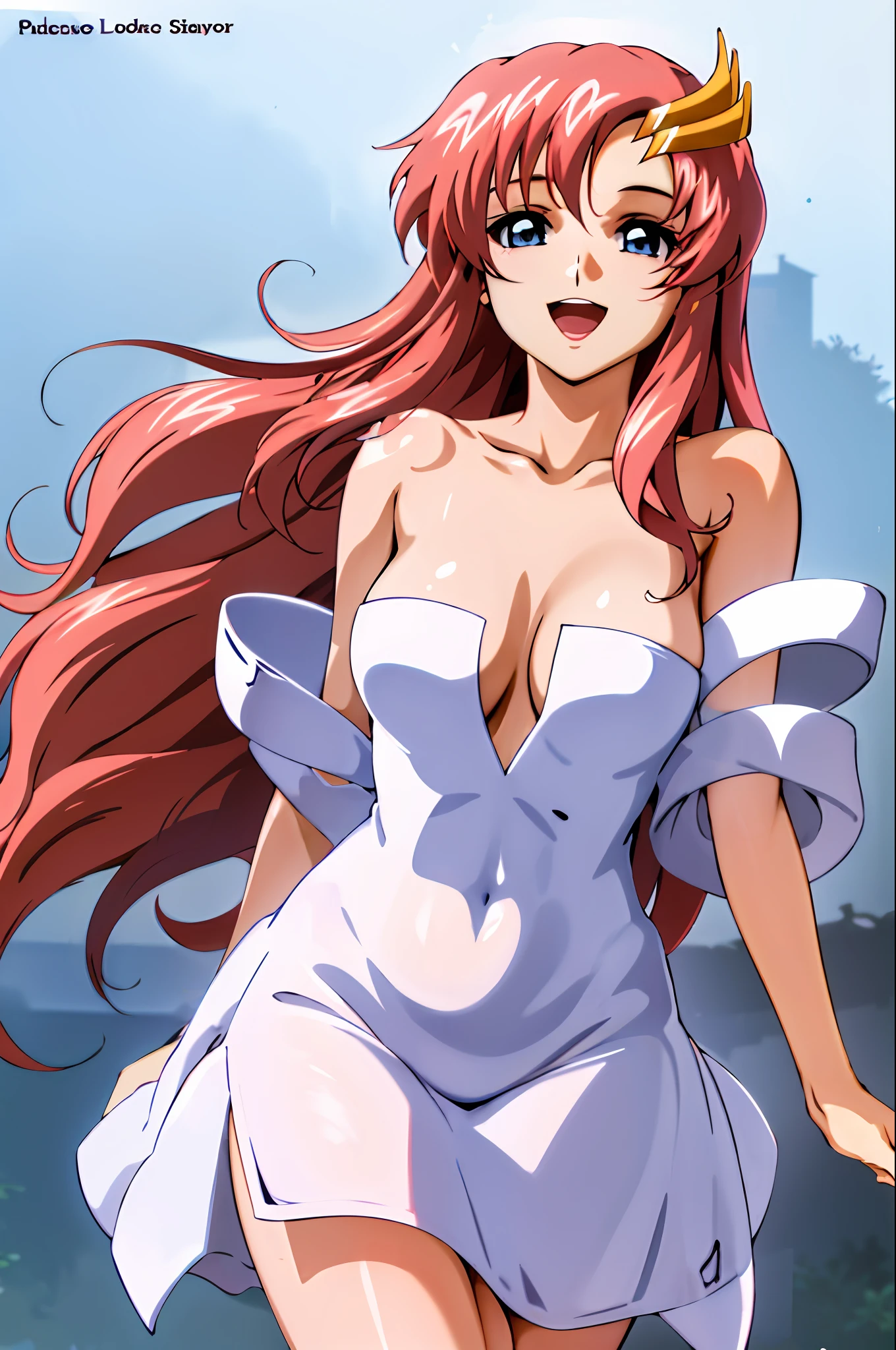 (masterpiece, 4k, best quality, anime style: 1.9, detailed face, lovely, pure white background, bold drawing lines, highres, anime, lacus4. white dress), 1girl, solo, curvy figure, long hair, wavy hair, thighs, hair ornament, pink hair, cleavage, big blue eyes, off-shoulder, MEDIUM breasts, smile, open mouth very much, very slim belly, cowboy shot, leaning forward, hungry