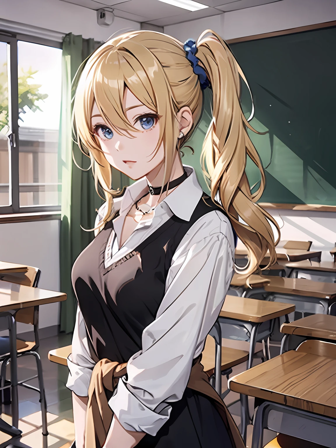 1girl in, Solo, hayasaka ai, Blue scrunchie, Side Ponytail, Hair Between Eyes, Blue Eyes, Blonde hair, Hair Ornament, Breasts, School Uniform, collared shirt, hair scrunchie, clothes around waist, Bangs, Black socks, Black vest, Long hair, Long sleeves, cardigan, side locks, knee high, dress shirts, Necklace, collar bone, Black dress, Jewelry, pullovers、