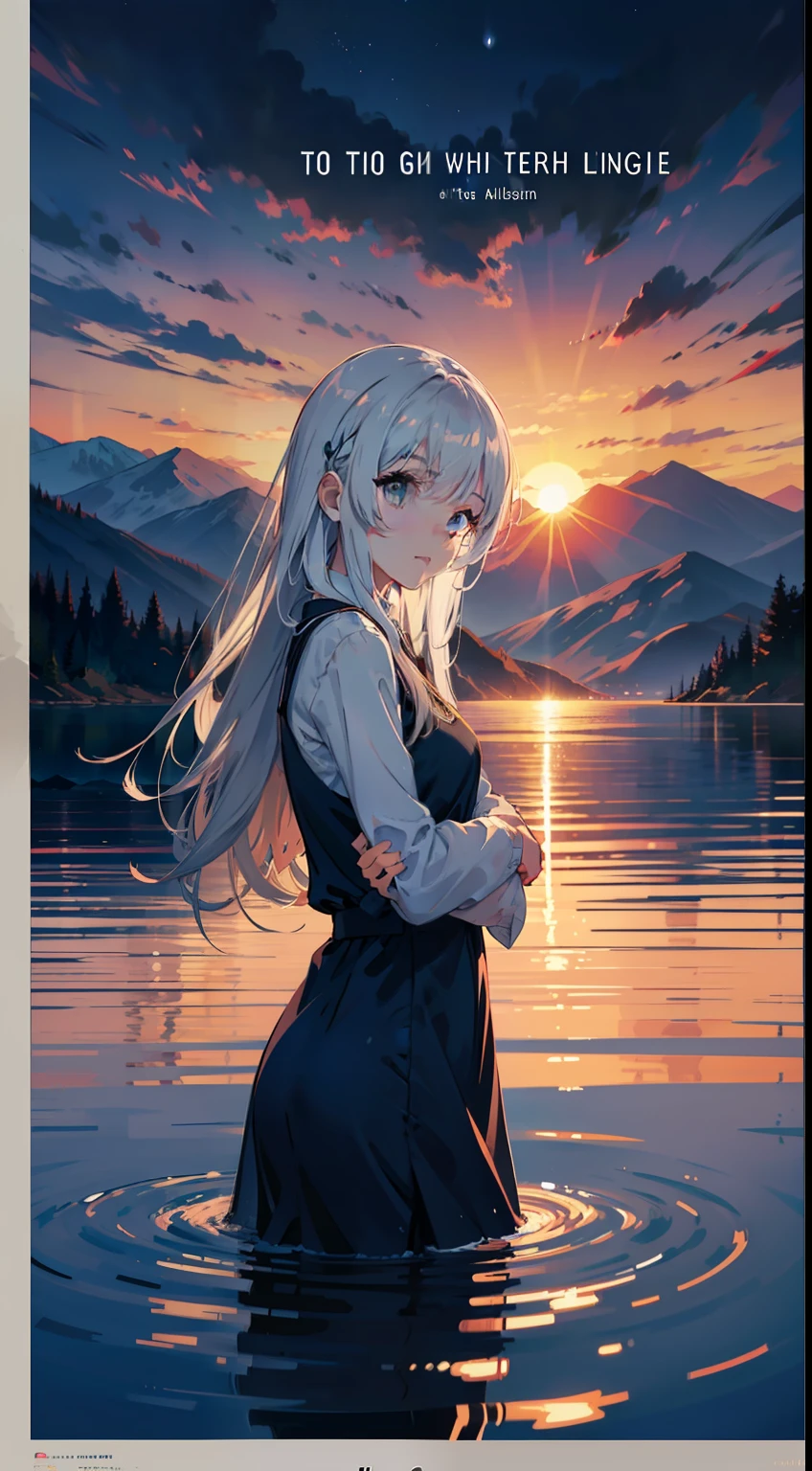 depth of fied, 1girl, grey hair, long hair, long dress, sunset, from a side, on the water surface, hugging own legs, looking at viewer, the mountains on both sides have a lake in the middle, detailed water surface, sun reflected on the water in the horizon, (movie poster), (English text:1.5), (white border:1.4), (night:1.4), nature,