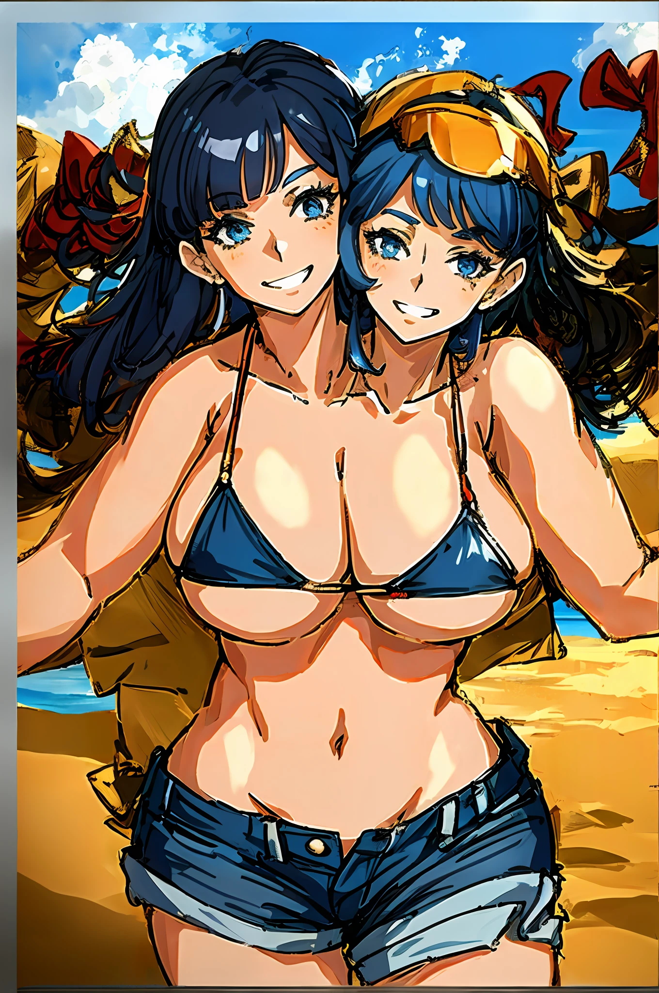 2heads, a short chubby woman with 2 heads. She is on a beach. She has enormous breasts. She is wearing a brightly colored small bikini top. She is wearing jeans shorts. She is smiling wide. She has enormous breasts.