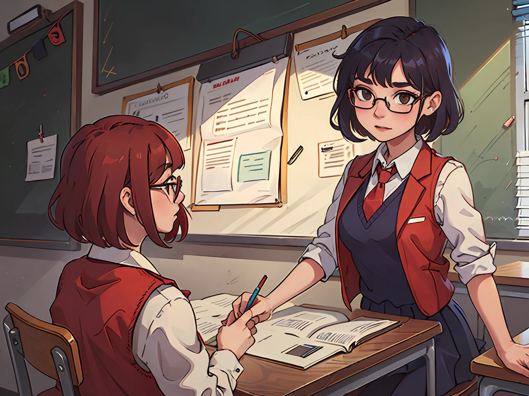 a girl wearing uniform, red vest and red tie with medium hair. learn in class with teacher wear glasses, short hair