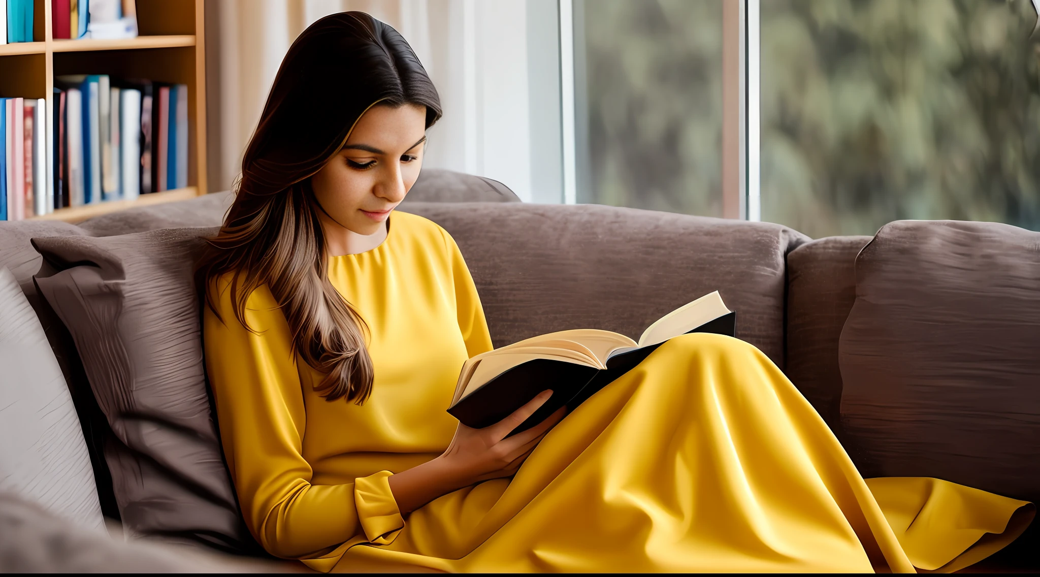 woman sitting on a couch reading a book while looking at the camera, Ler um livro, Lendo novo livro, leitura na biblioteca, segurando um livro, relaxing on a couch, Lendo o livro sobre o amor, sitting on a couch, arte mista, sitting on couch, Directed by: Nicolette Macnamara, bem editado, Foto retrato, senhora usando vestido amarelo, infp mulher jovem