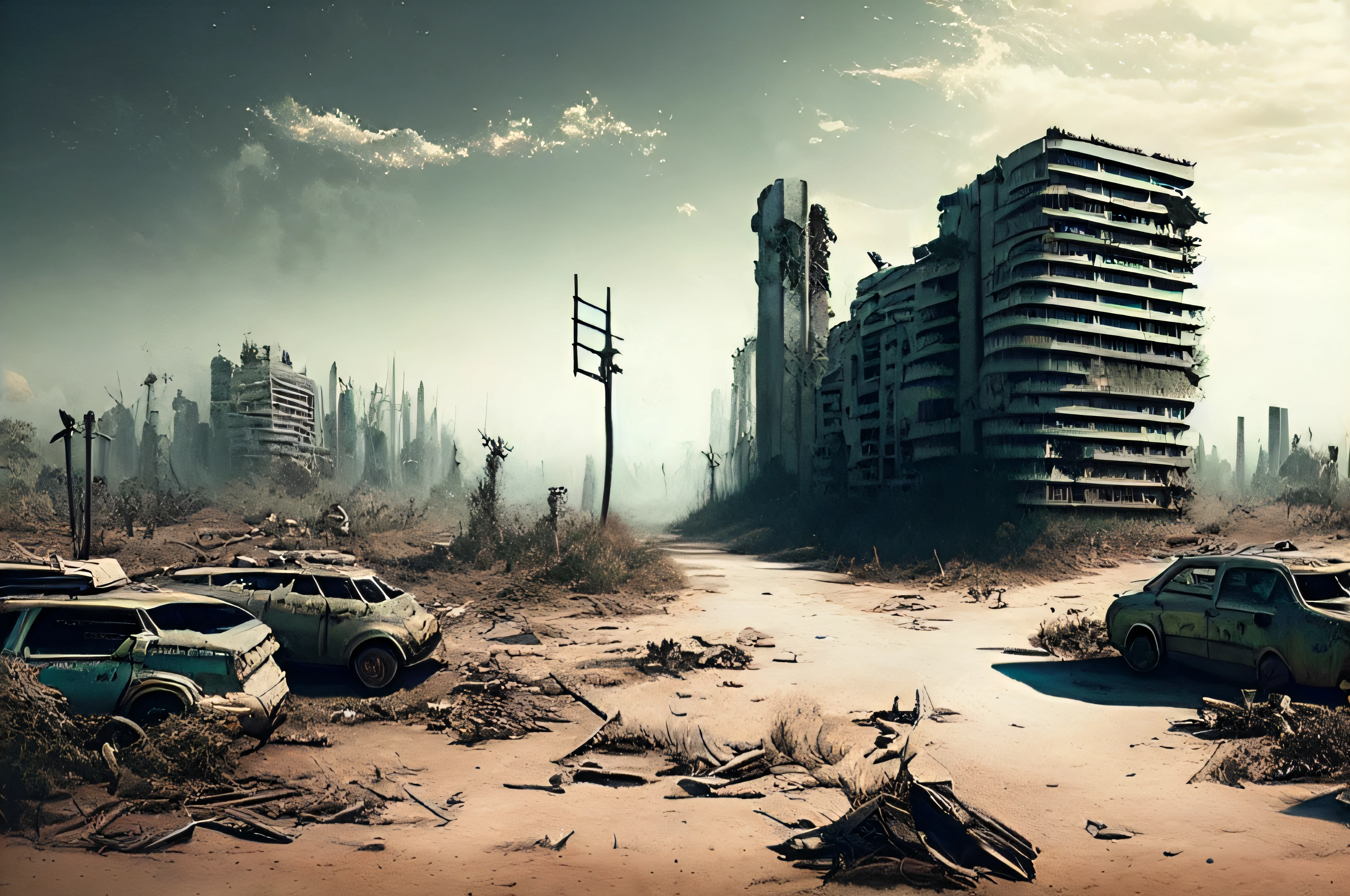 araffatured city in the middle of a barren area with cars parked in the dirt, post - apocalyptic wasteland, in a post-apocalyptic wasteland, post apocalyptic landscape, post apocalyptic wasteland, post apocalyptic atmosphere, post apocalyptic scene, post - apocalyptic city, post apocalyptic world, Paisagem da cidade do apocalipse, post-apocalyptic city, dystopian wasteland, apocalyptic city