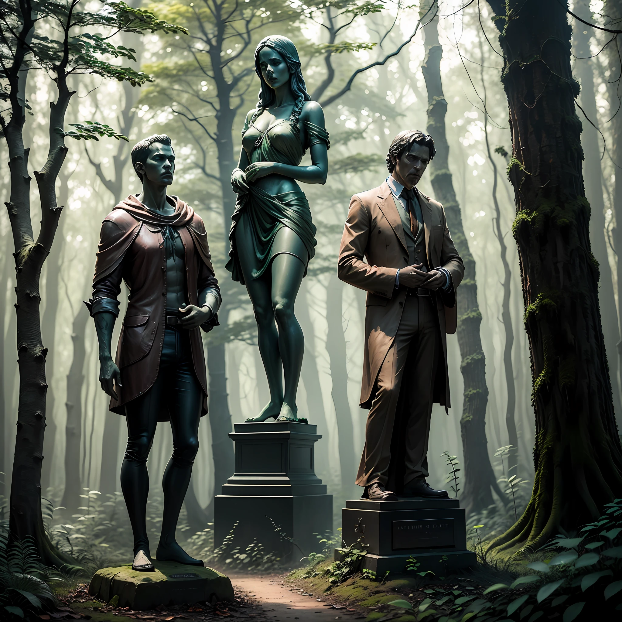 obra-prima, melhor qualidade, alta qualidade, Dark woodland setting with a green spider web and blood, with a statue in the woods. --auto