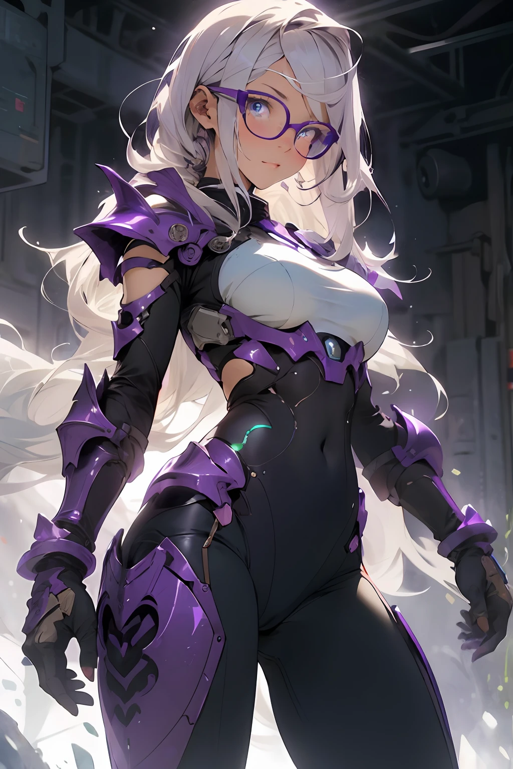 make realistic，（nmasterpiece，top Quority，optimal quality，offcial art，Beauty and aesthetics：1.2），Heavily detailed，s fractal art，Colorful，Most detailed，zentangle，（Abstract background：1.5）（1girls），Kamimei，eye glass，purple color  hair，（length hair），（Glowing blue eyes），largebreasts，Abs，mistic，(enchanted)，crystal，high leotard，sexly，machine armor，Huge weapons