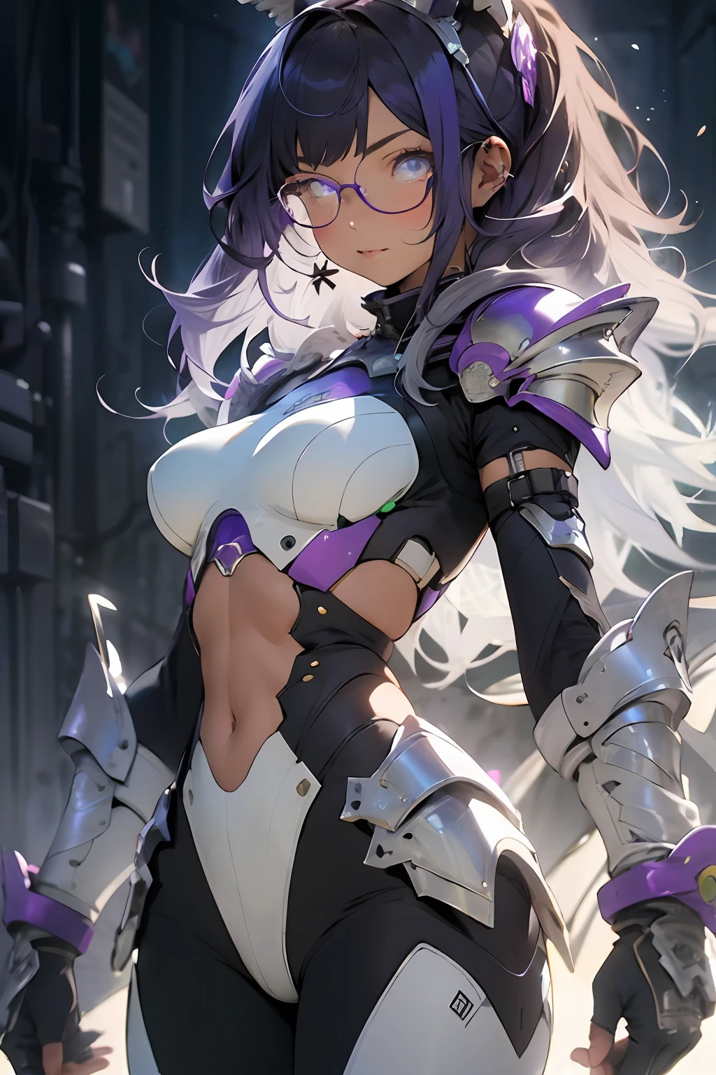 make realistic，（nmasterpiece，top Quority，optimal quality，offcial art，Beauty and aesthetics：1.2），Heavily detailed，s fractal art，Colorful，Most detailed，zentangle，（Abstract background：1.5）（1girl），Kamimei，eye glass，purple color  hair，length hair，（Glowing blue eyes），largebreasts，Abs，mistic，(enchanted)，crystal，high leotard，sexly，machine armor，Rabbit ears