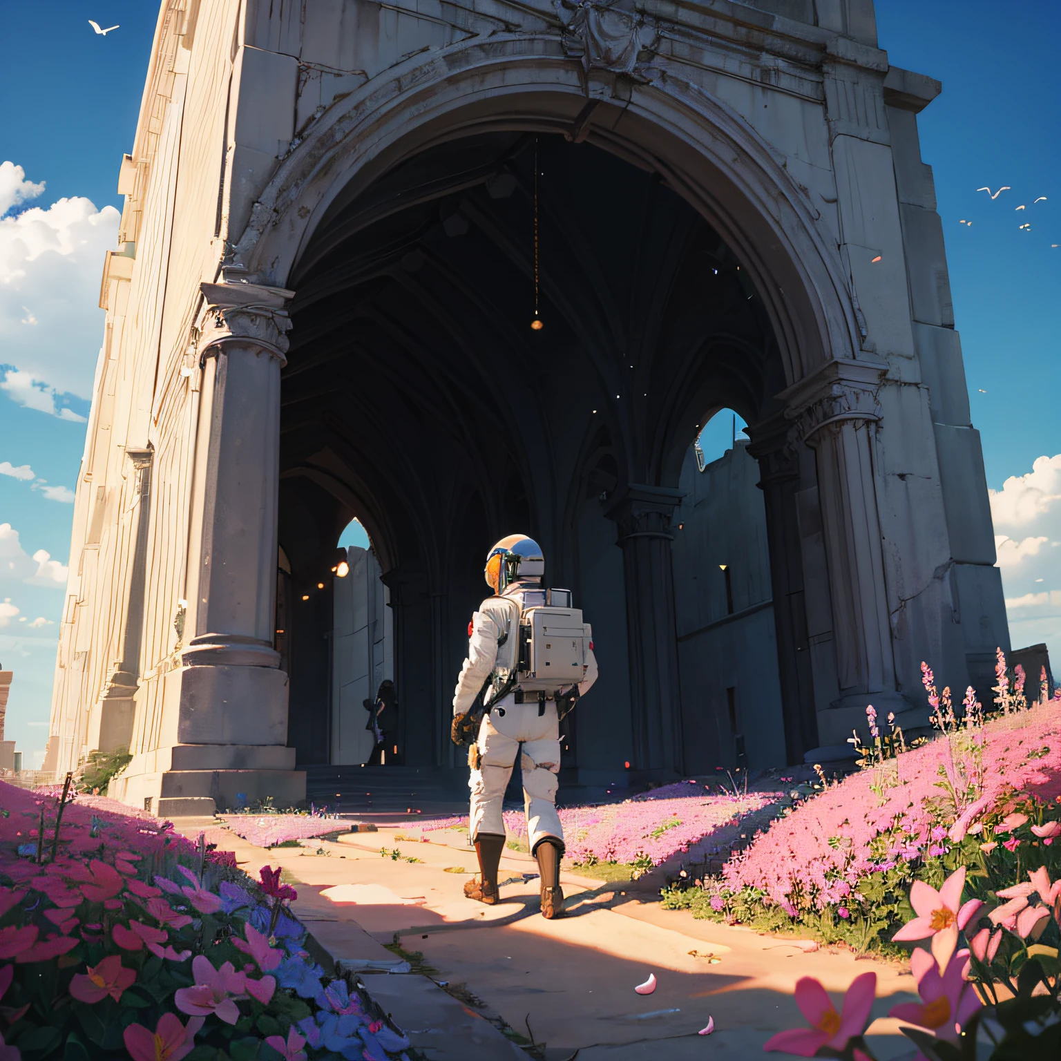 Um astronauta em um vasto campo de flores vermelhas ao longe, uma grande e alta muralha de pedra, next to the astronaut next to his spacecraft, outro astronauta observa o campo com as flores vermelhas, Another helmetless astronaut walking in the field picks flowers and carries in his well-defined maoons as he looks out over the landscape, O dia ensolarado;, cena bem definidada, Strong blue sky with white clouds in 3D ,astronautas bem definidos, roupas bem definidas, well-defined accessories, paisagem bem definida, high resolution details, tudo em4K cena hiperrealista matte painting digital em HD --auto