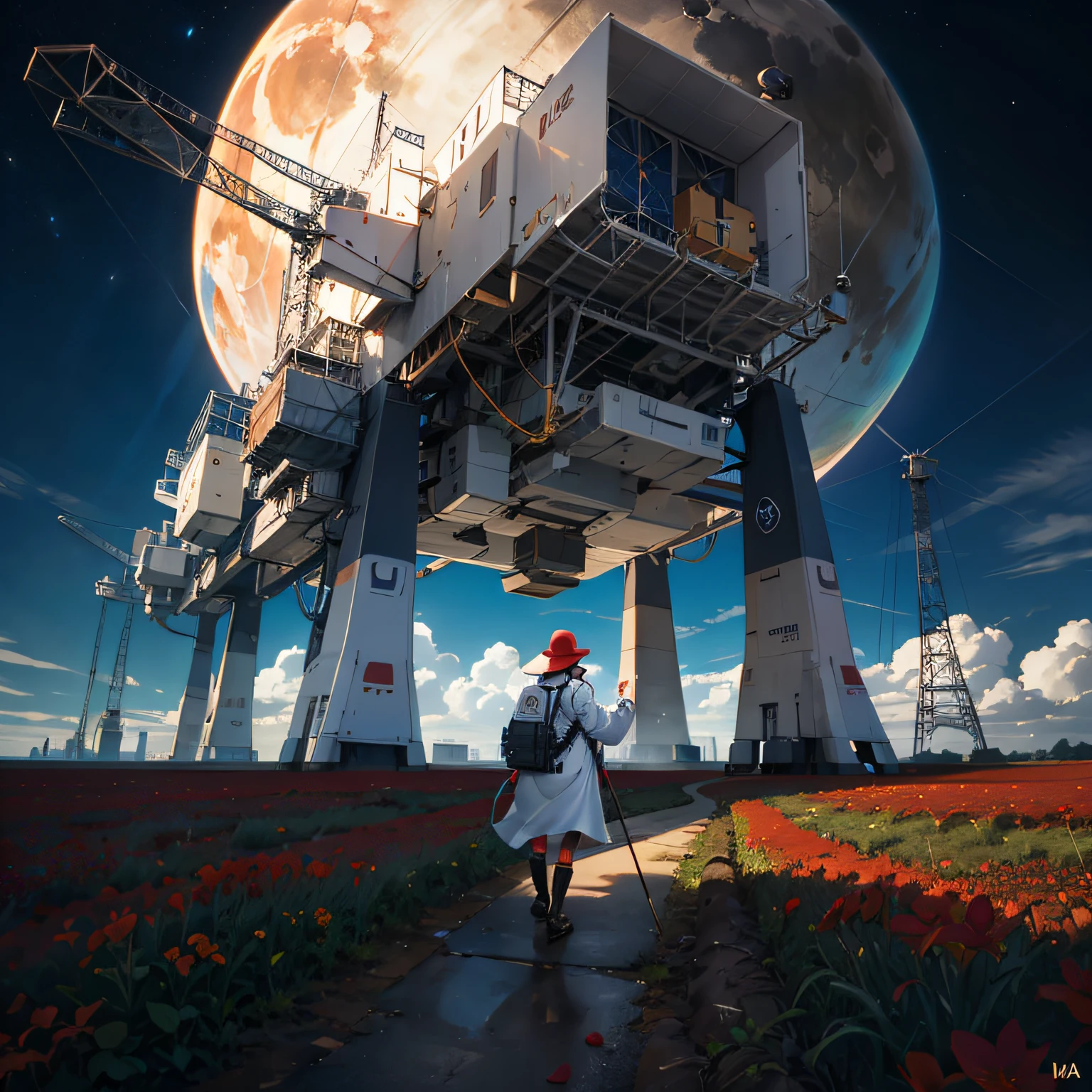 An astronaut flies over a vast field of red flowers in the distance, next to a spacecraft, landing gently on the field on the red flowers, another helmetless astronaut walking in the field;, olha para a paisagem, O dia ensolarado;, cena bem definidada, astronautas bem definidos, Details in high resolution, tudo em4K cena hiperrealista matte painting digital em HD --auto
