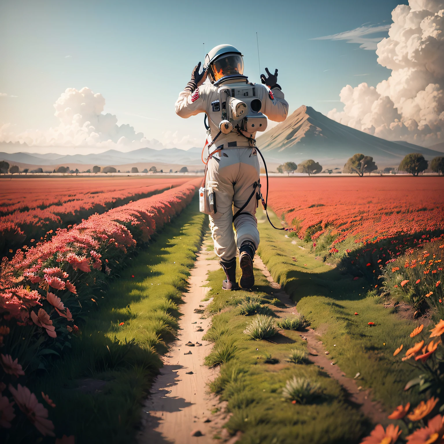 An astronaut flies over a vast field of red flowers in the distance, another helmetless astronaut walking on the grass, on the ground below, in the field, looks at the landscape, the sunny day;, cena bem definidada, astronautas bem definidos, Details in high resolution, all in4K hyperreaction scene matte painting digital in HD --auto
