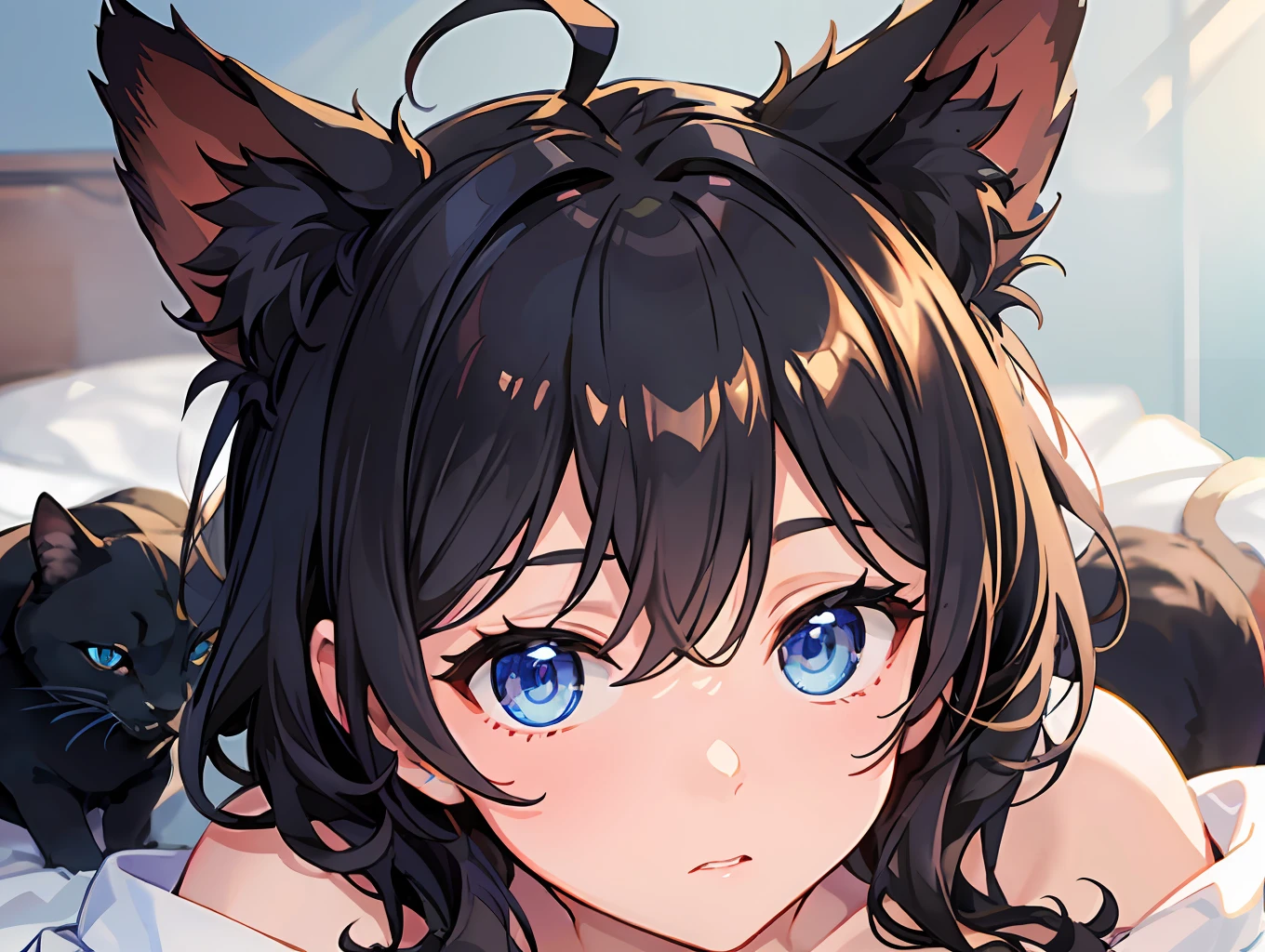 ((最好质量))、((巨作))、((ultra-definition))、(illutst)、(Fine light)、(Extremely delicate and beautiful)、(((独奏)))、(((a beautifulchi girl) )))、((Best Quality, High_resolution, Distinct_image)),(Black hair), (Black cat ears), (Ahoge), (absurdly short hair), (Wavy hair), (Blue Eyes),Lying down、Background bed、s Pajamas、