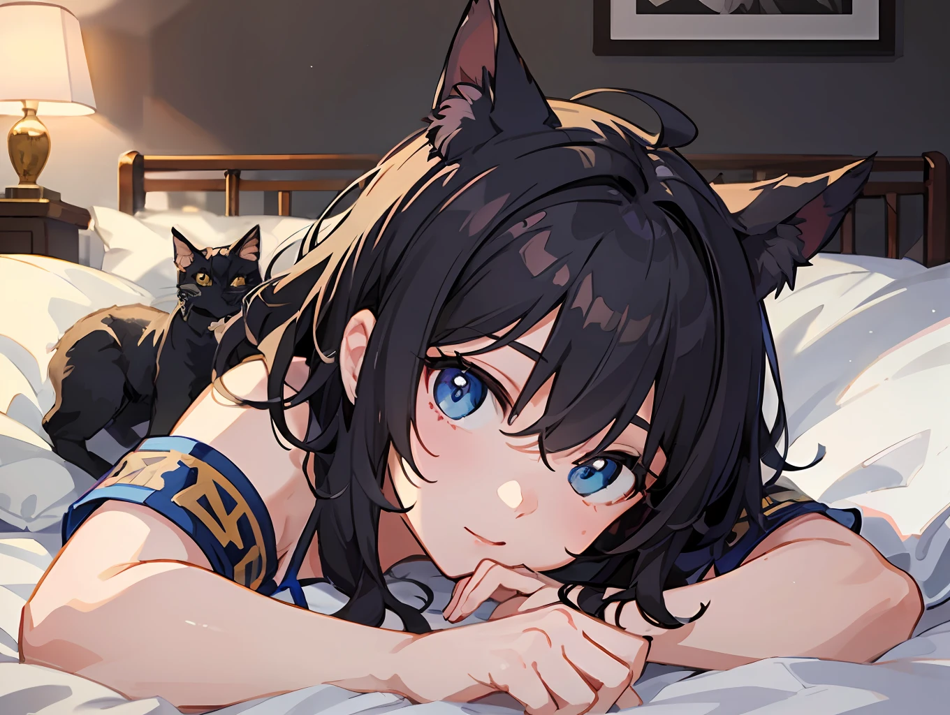 ((最好质量))、((巨作))、((ultra-definition))、(illutst)、(Fine light)、(Extremely delicate and beautiful)、(((独奏)))、(((a beautifulchi girl) )))、((Best Quality, High_resolution, Distinct_image)),(Black hair), (Black cat ears), (Ahoge), (absurdly short hair), (Wavy hair), (Blue Eyes),Lying down、Background bed、s Pajamas、