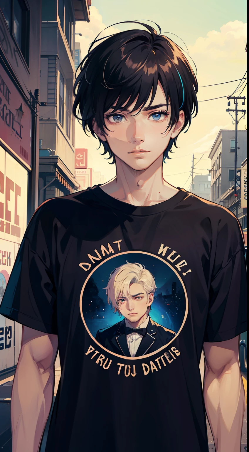 (pastel_style:0.6),masterpiece,best quality,ultra detailed,detailed eyes,
1male,upper body,perfect handsome face,(short hair:1.3),broad shoulders,narrow waist,Colorful typography t-shirt with words or phrases in different vibrant shades,
dynamic pose,