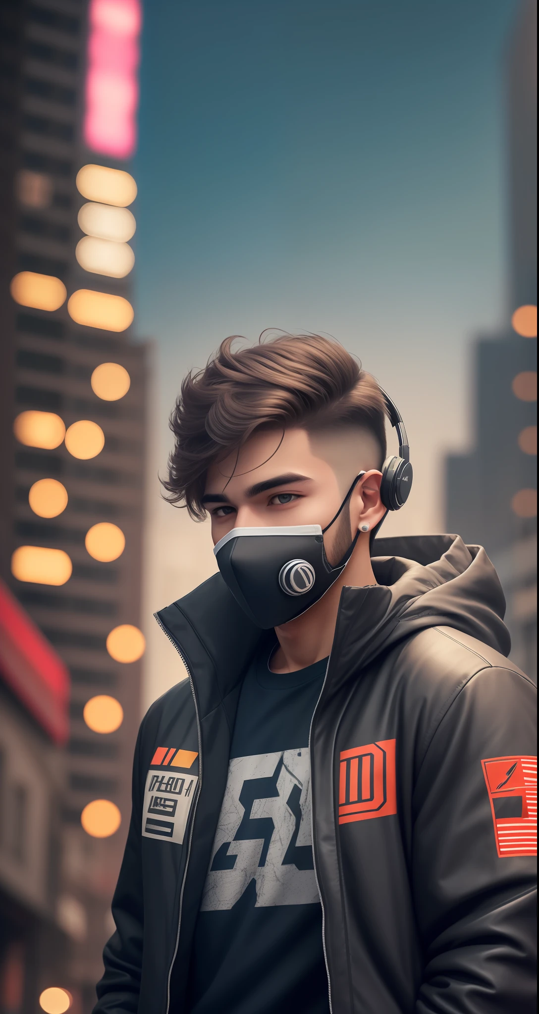 A handsome 18 years old boy with pump jacket and some bearded in his face, stylish hair, cyberpunk, ultra realistic, 8k, city in background, cute face, facemask,