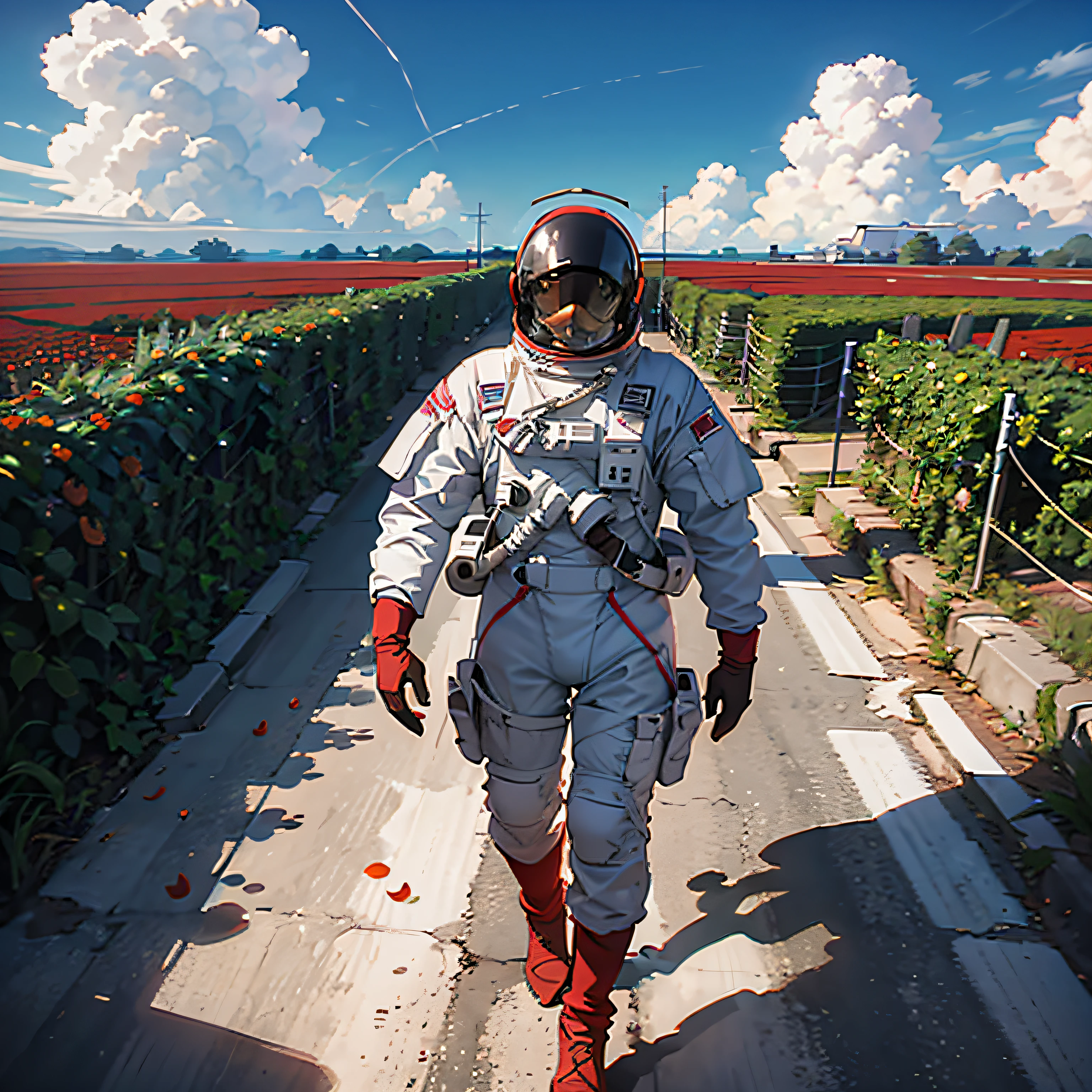 An astronaut flies over a vast field of red flowers in the distance, next to a spacecraft, landing gently on the field on the red flowers, another helmetless astronaut walking in the field;, olha para a paisagem, O dia ensolarado;, cena bem definidada, astronautas bem definidos, Details in high resolution, tudo em4K cena hiperrealista matte painting digital em HD --auto