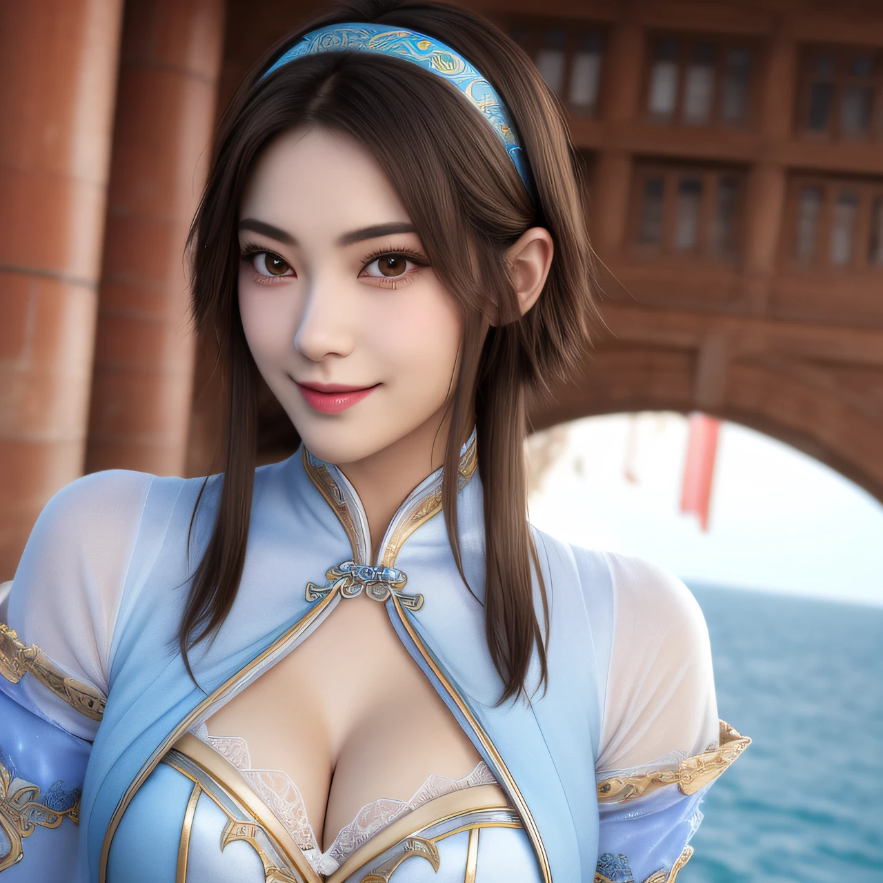 xianghua,brown eyes,short hair with long locks,lips,  brown hair,  solo, upper body, sexy pose, 
xiaRobe, blue dress  ,blue thighhighs ,cleavage cutout ,hairband,detached sleeves,jewelry,puffy sleeves, white panties, 
lake, stars,  labyrinth, 
(insanely detailed, beautiful detailed face, masterpiece, best quality), silk chinese dress, smiling