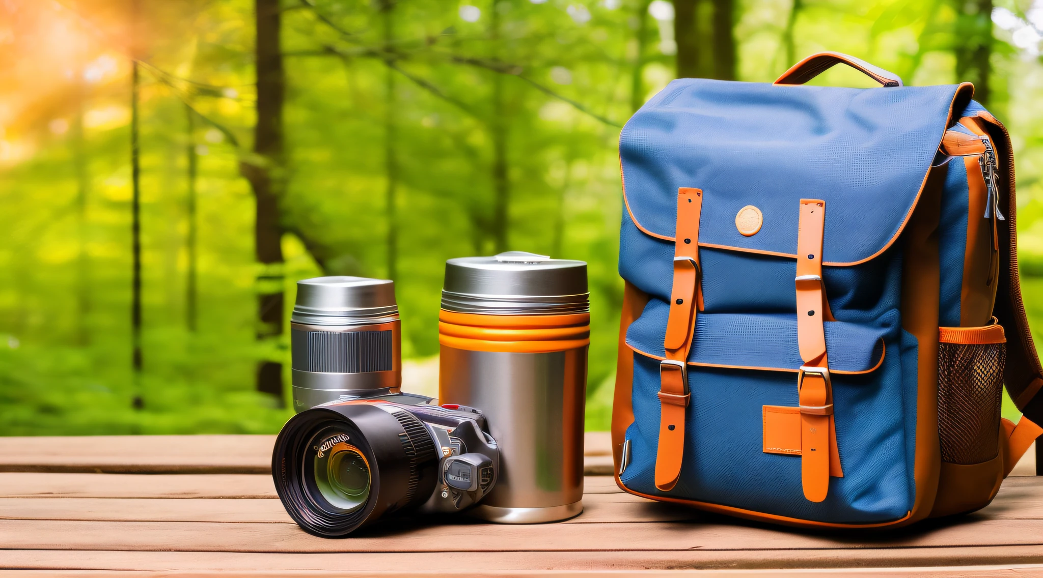 Lifestyle hiking camping equipment retro photo camera backpack and thermos outdoor forest nature on background