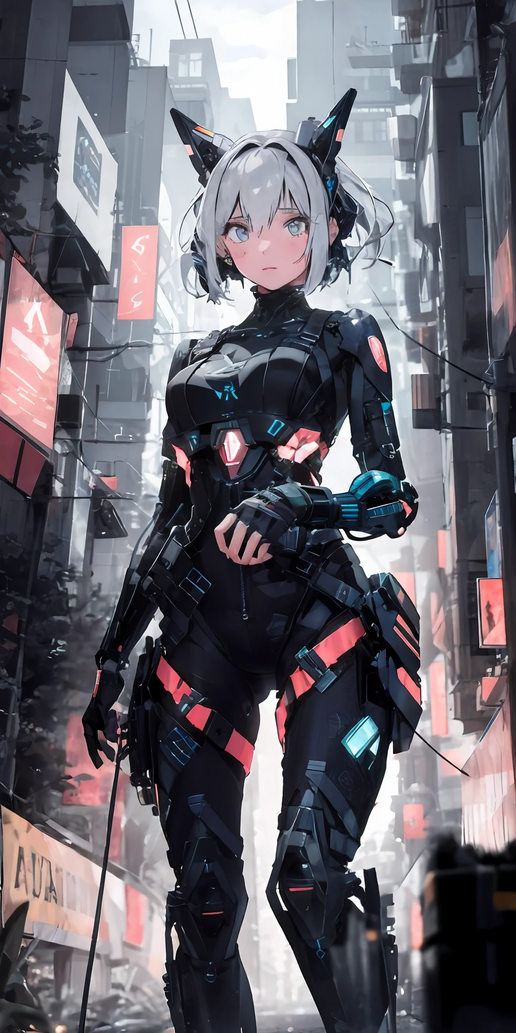 absurdres, highres, ultra detailed, (1girl:1.8), BREAK,
high technology, dystopia, cyborgs, broken capitalism, inequality, opression BREAK,
vibrant colors, neon lightning, modern art