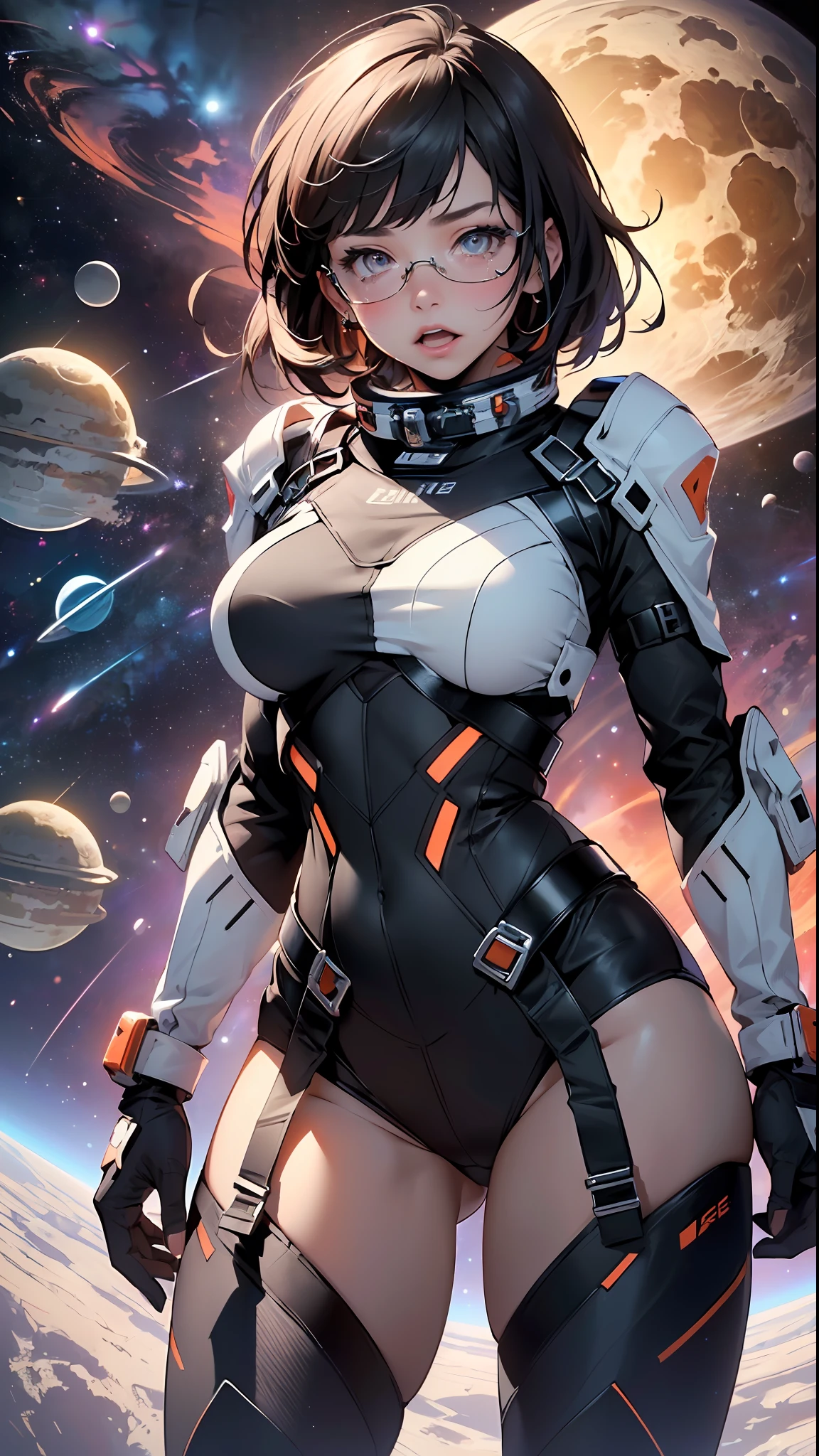 spacepunk, (Universe Background: 1.5, detailed background:1.25), (Isometric: 1.0), double exposure, (masterpiece, best quality:1.3), (highres:1.5), absurdres, ultra detailed, (1girl:1.3), (dynamic pose):1.0 BREAK, ((upper body image:1.3)), ((1 extremely cute and beautiful tearful girl taking a spacewalk at Universe)), stars, gas, star, starry, space, shooting star, crescent moon, hyper-space, (upturned eyes:1.3), (ear breathing), solo focus, starry night, (wearing a mechanical space body armor:1.3), (black wavy bob hair:1.35, bangs;1.35), (large-breasted:1.35), (fat:1.2), glasses, streaming tears, tearful, tears, sad, 7.5 life size, detailed clothes, detailed body, detailed arms, human hands, detailed hands, blush, open mouth, (look back:1.15), (thrust out one's hip:1.35), studio soft light, cinematic light, detailed background, realistic, ultra-realistic, masterpiece,
