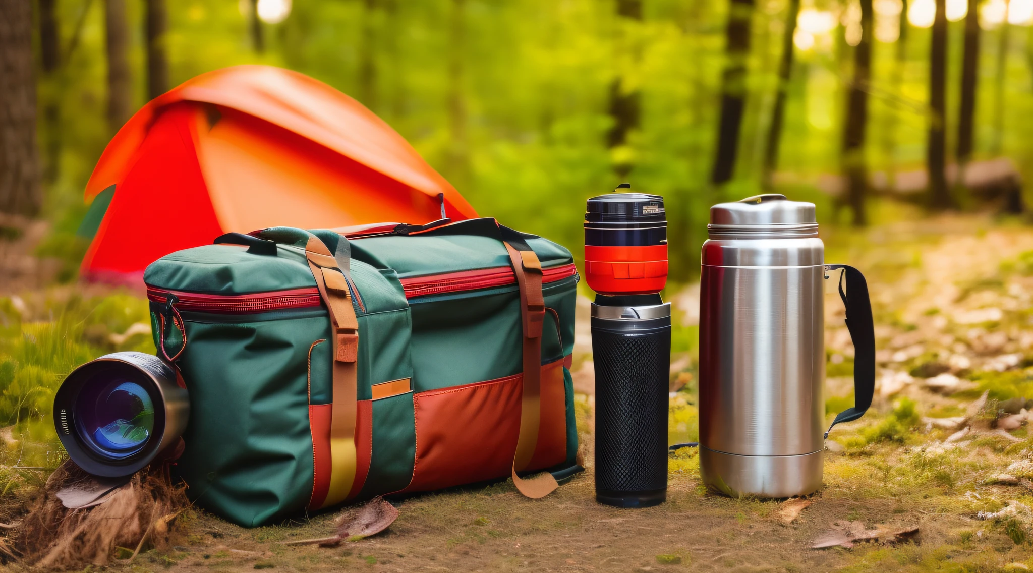 Lifestyle hiking camping equipment retro photo camera backpack and thermos outdoor forest nature on background