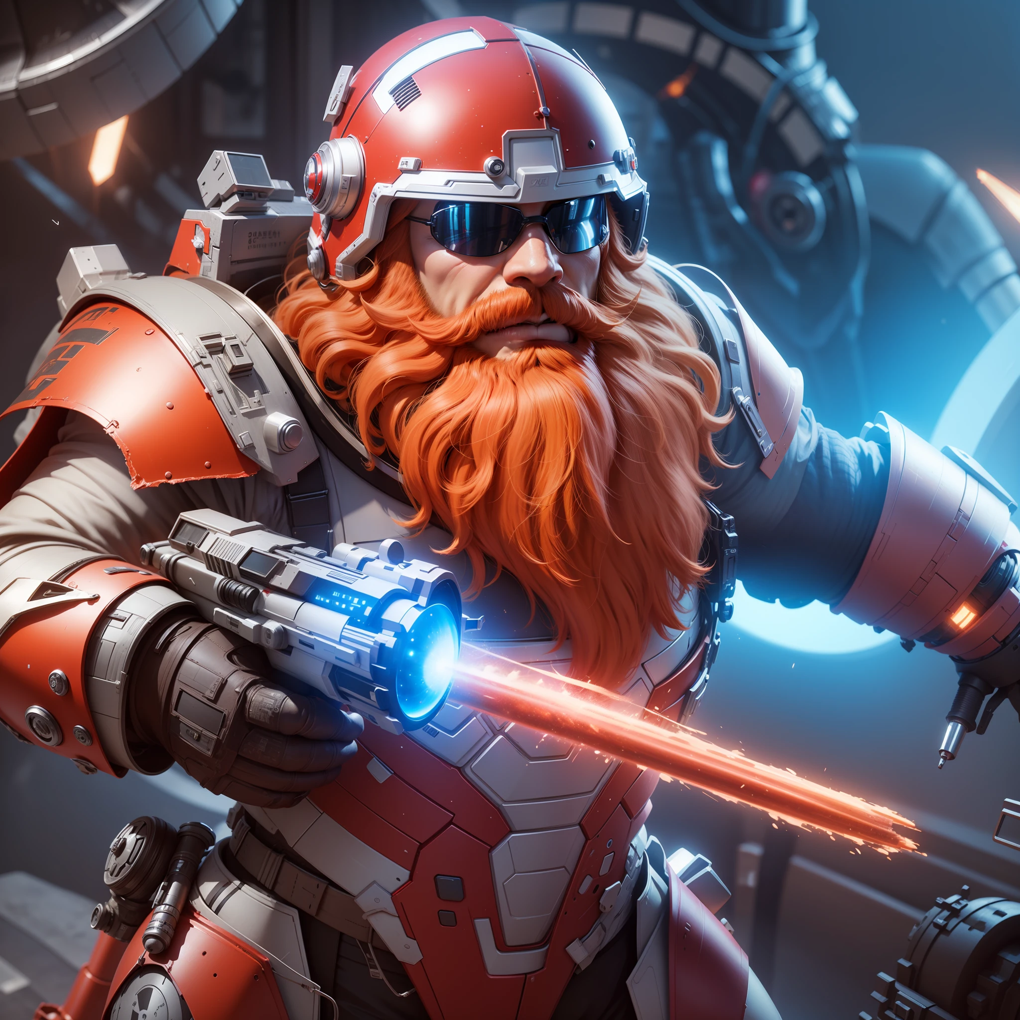Space Dwarf, red beard, futuristic armor, kills bugs using his blaster, 3D-rendering, hyper-detailing, hyperrealism