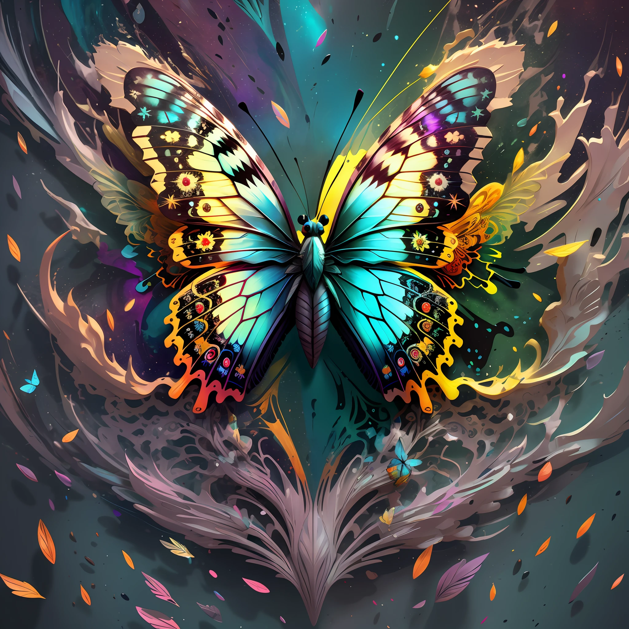a colorfull butterfly who floats in the universe in very High quality and very detailed, octane render, space, intricate hyperdetails, Symmetrical, splash art, Albert Seveso