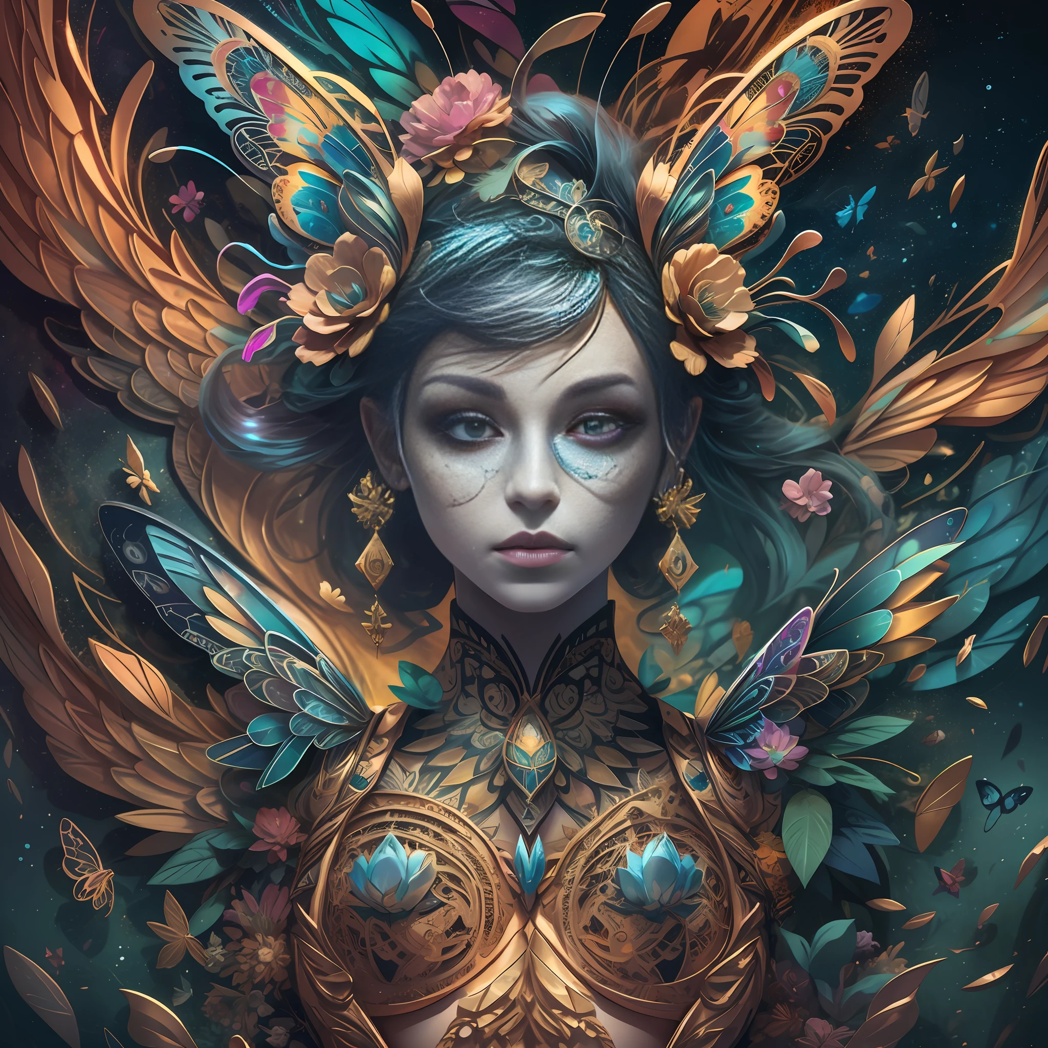 a colorfull butterfly who floats in the universe in very High quality and very detailed, octane render, space, intricate hyperdetails, Symmetrical, splash art, Albert Seveso
