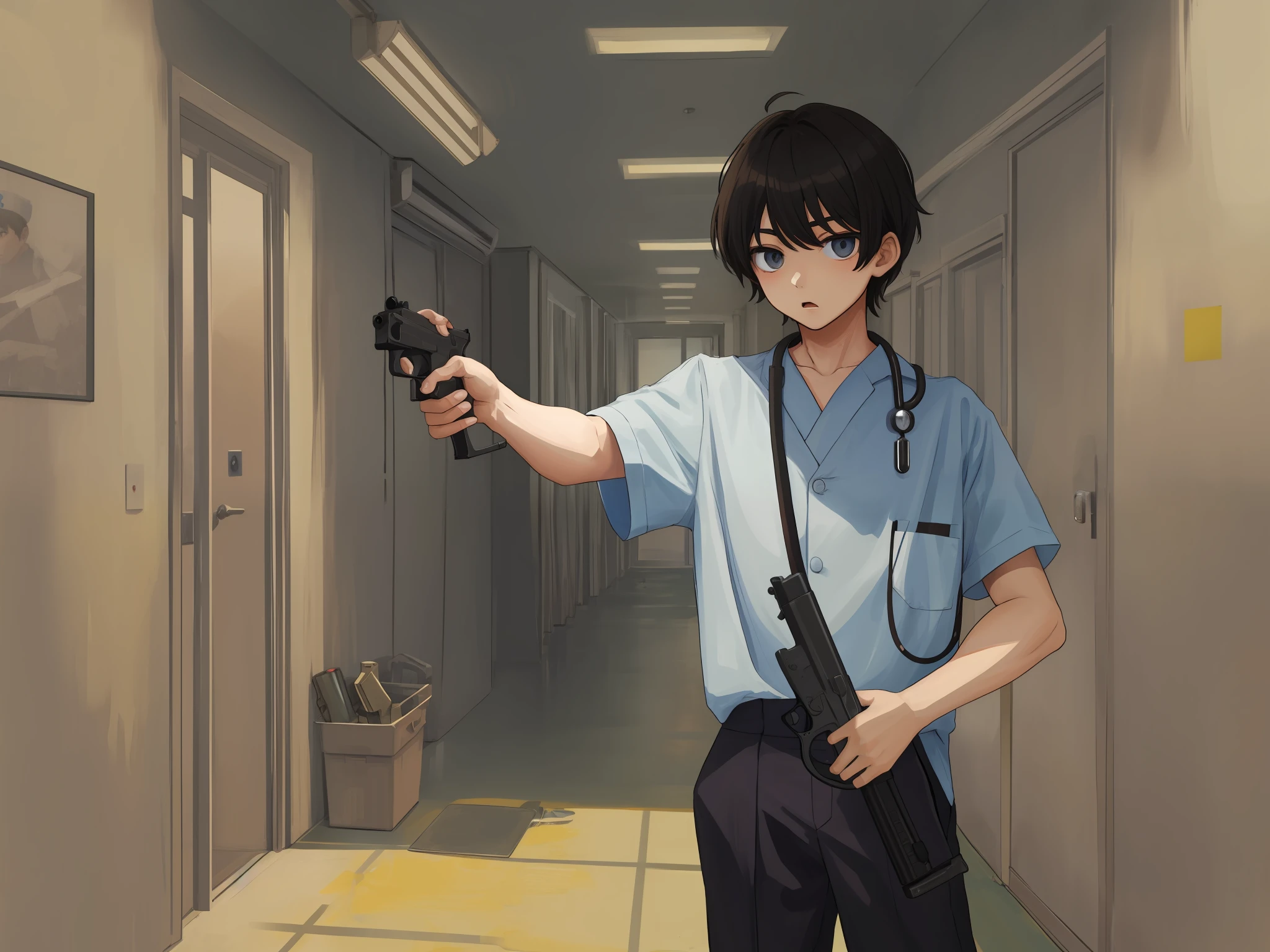 Young boy in nurse clothes holding gun