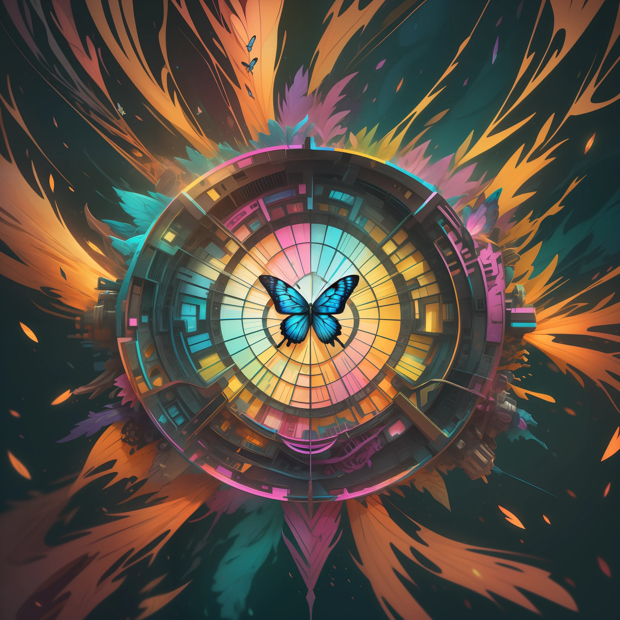"A colorful butterfly floats in the universe in very high quality and in great detail, avec Octane Render, in space with hyper complex and symmetrical details, dans un style splash art, inspired by Albert Seveso."