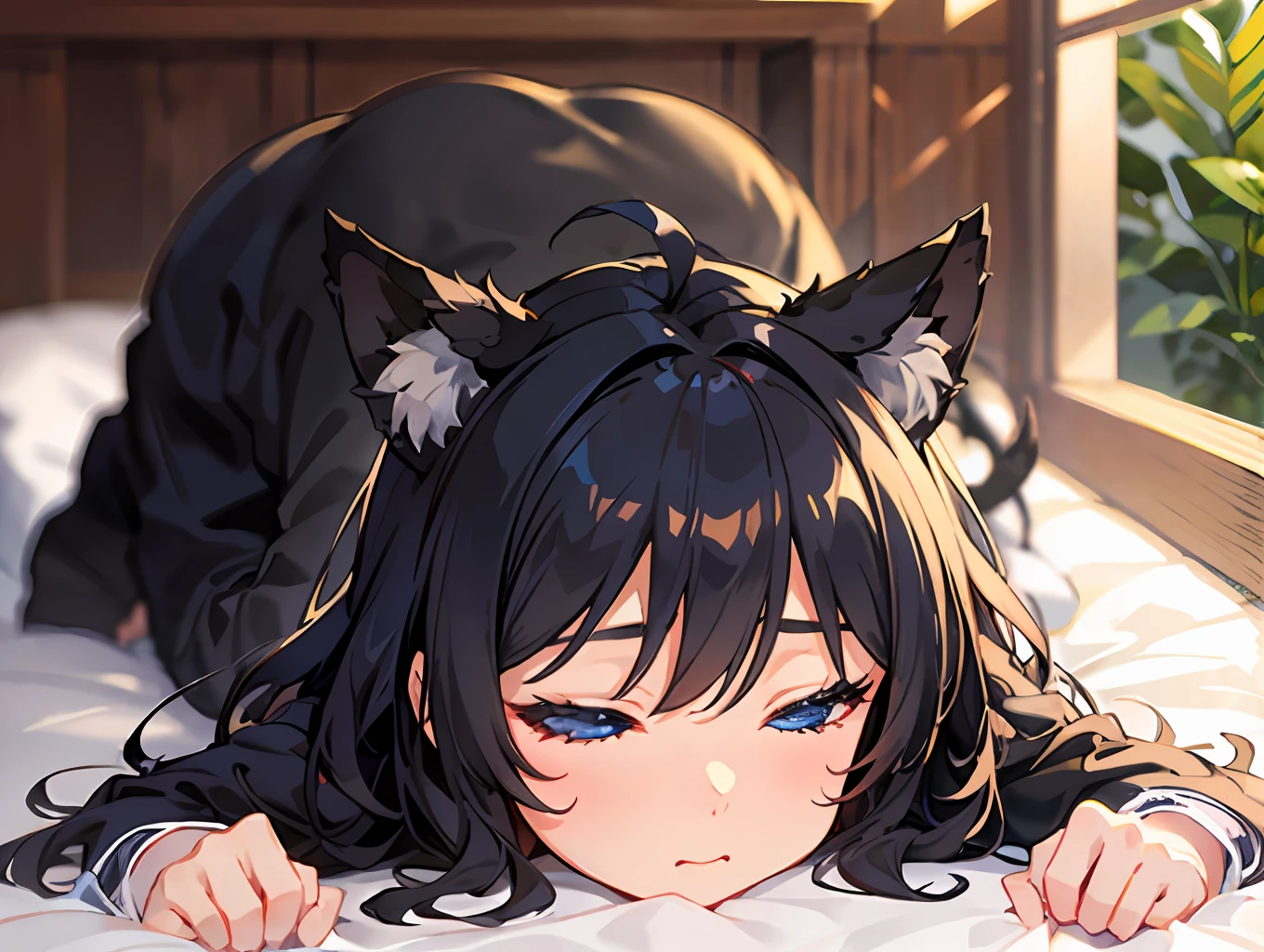 ((最好质量))、((巨作))、((ultra-definition))、(illutst)、(Fine light)、(Extremely delicate and beautiful)、(((独奏)))、(((a beautifulchi girl) )))、((Best Quality, High_resolution, Distinct_image)),(Black hair), (Black cat ears), (Ahoge), (absurdly short hair), (Wavy hair), (Blue Eyes),Lying down、Background bed、s Pajamas、Closed eyes、