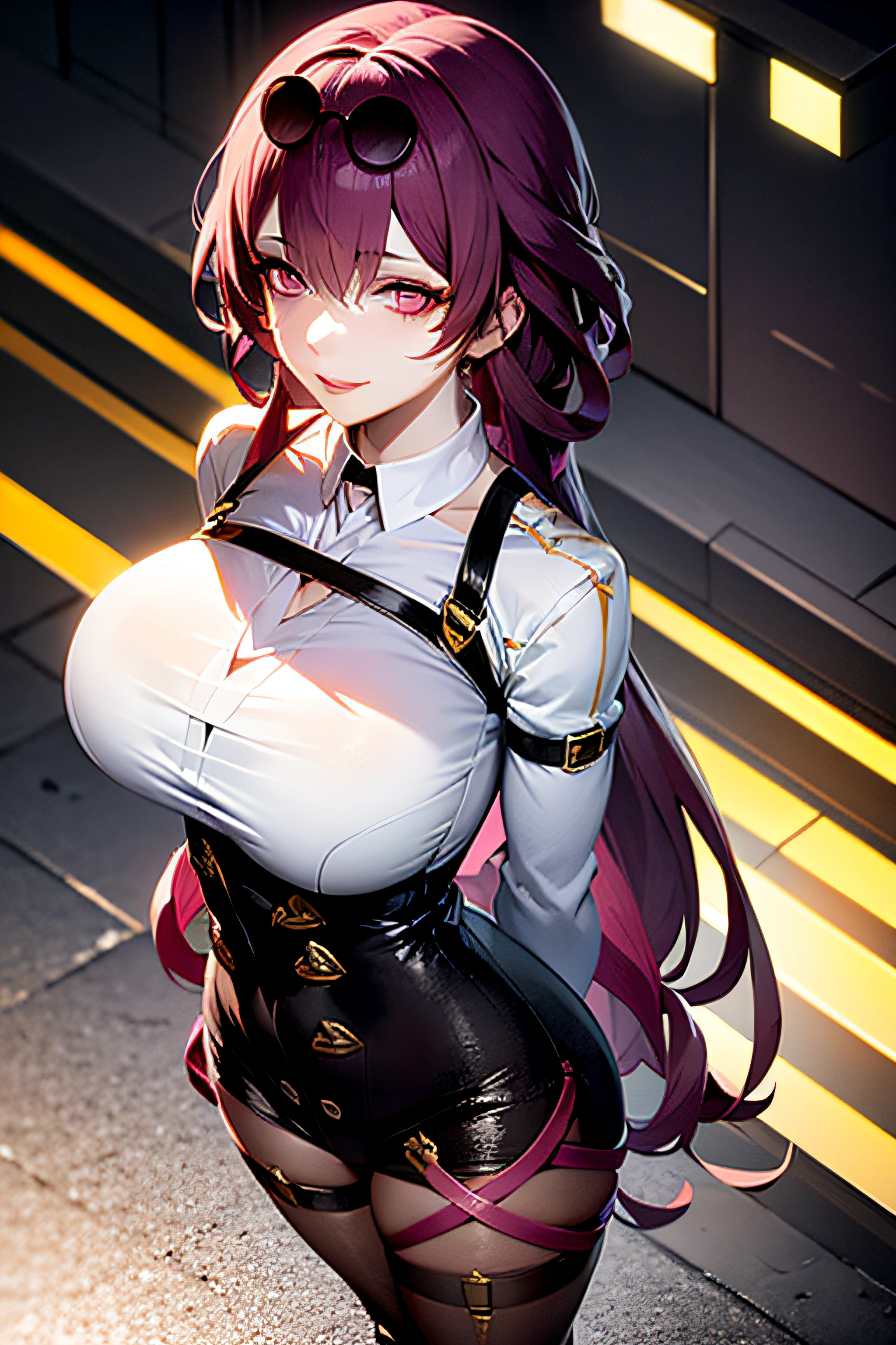 masterpiece, best quality, 1girl, KafkaV4, large breasts, shiny skin, purple hair, shirt, white shirt, jacket, eyewear on head, sunglasses, very long hair, standing, outdoors, night, light city, professional lighting, ((arms behind back)), lace-trimmed legwear, midriff, mature female, closed mouth, smile, ((from above:1.4)), looking at viewer,