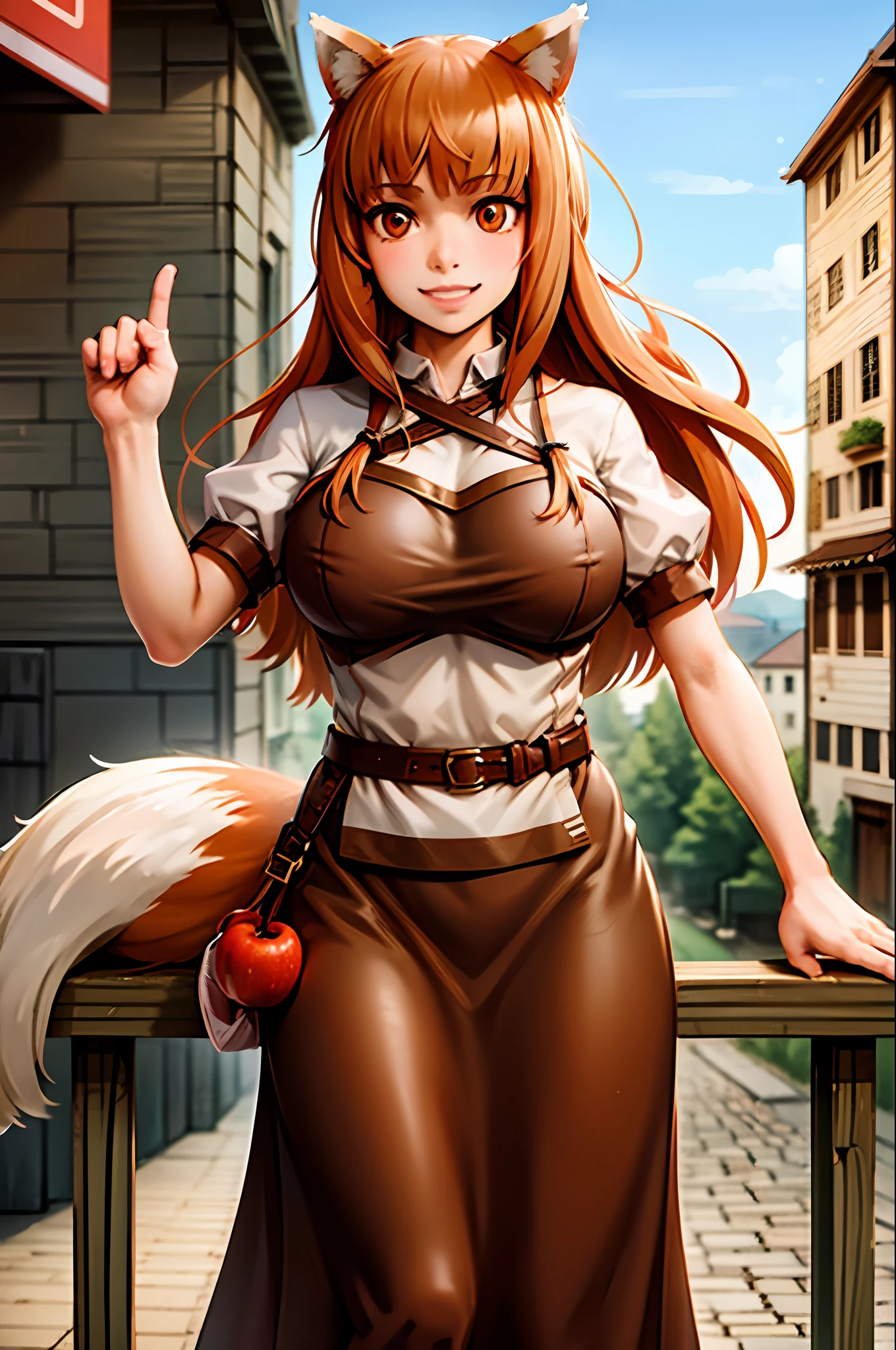 (holo:1.5), (holoBrownDress:1.5), masterpiece, best quality, absurdres, 1girl, looking at viewer, standing, cowboy shot, outdoors, medieval, cobblestone street, town, pouch, sash, smile, fruit, apple, basket,huge breast, curvy