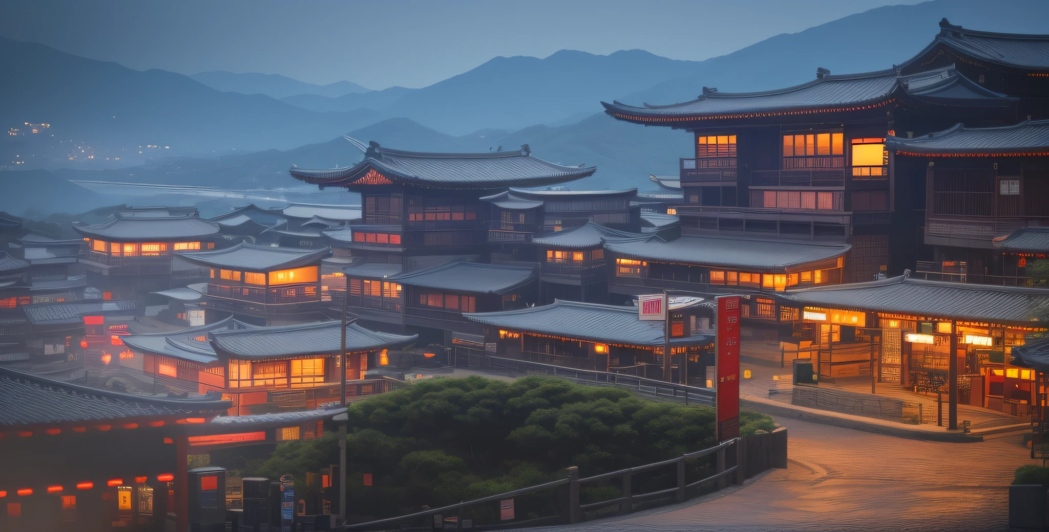 Arafed view of a Chinese village at night with a lot of lights, cidade chinesa sonhadora, arquitetura chinesa antiga, ancient cyberpunk chinese castle, arquitetura chinesa, cidade japonesa, cidade japonesa, vila chinesa, render bonito da dinastia tang, japanese city at night, arquitetura japonesa antiga, como jiufen, estilo andreas rocha, Chinese Style, vila japonesa, cinematographic, Photo Session, Filmado em lente de 25 mm, Profundidade de campo, Tilt Blur, Velocidade do obturador 1/1000, F/22, white-balance, 32k, Super Resolution, Pro Photo RGB, Partial rear lighting, Luz de fundo, lighting dramatic