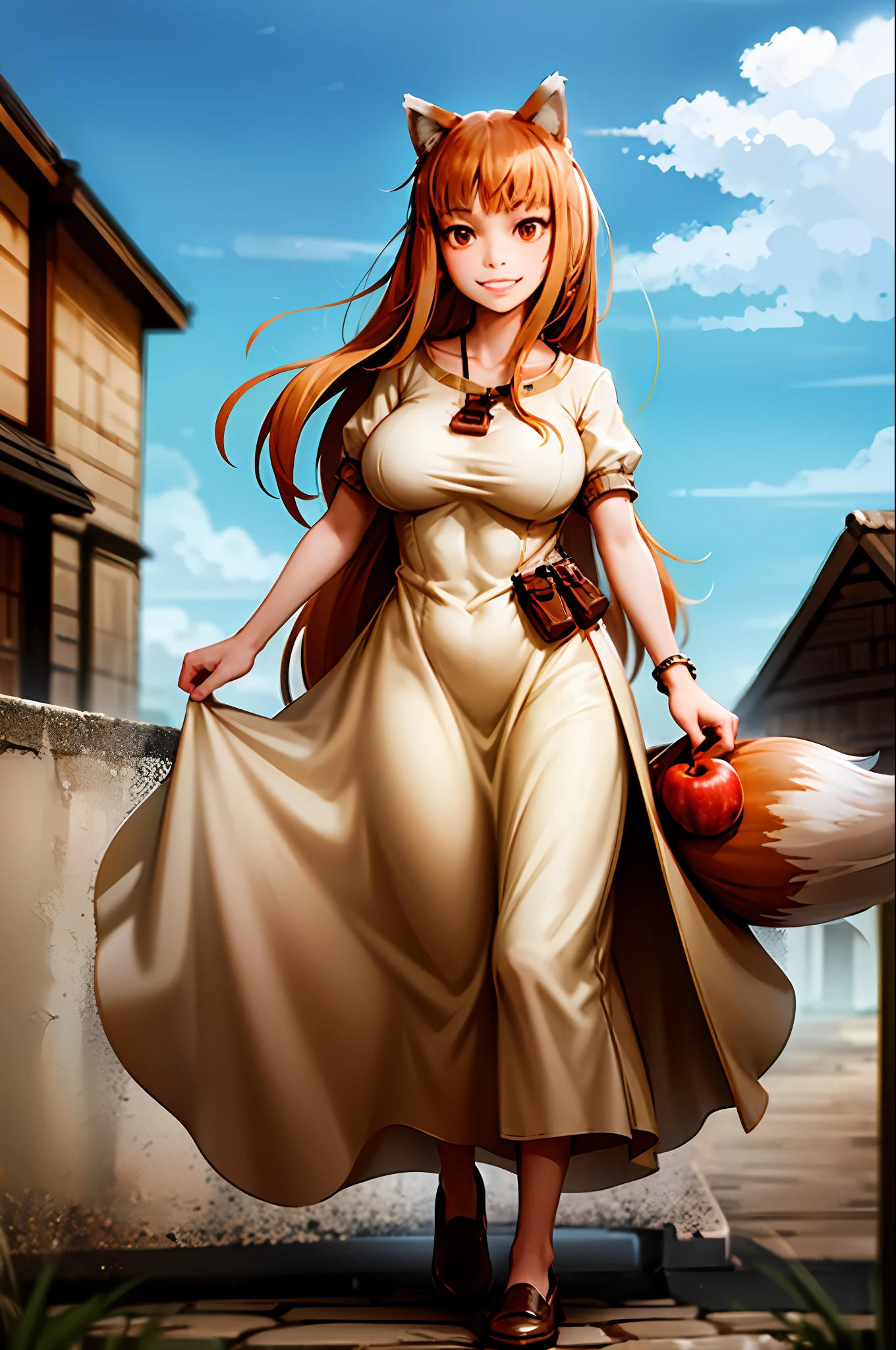 (holo:1.5), (holoBrownDress:1.5), masterpiece, best quality, absurdres, 1girl, looking at viewer, standing, cowboy shot, outdoors, medieval, cobblestone street, town, pouch, sash, smile, fruit, apple, basket,huge breast, curvy