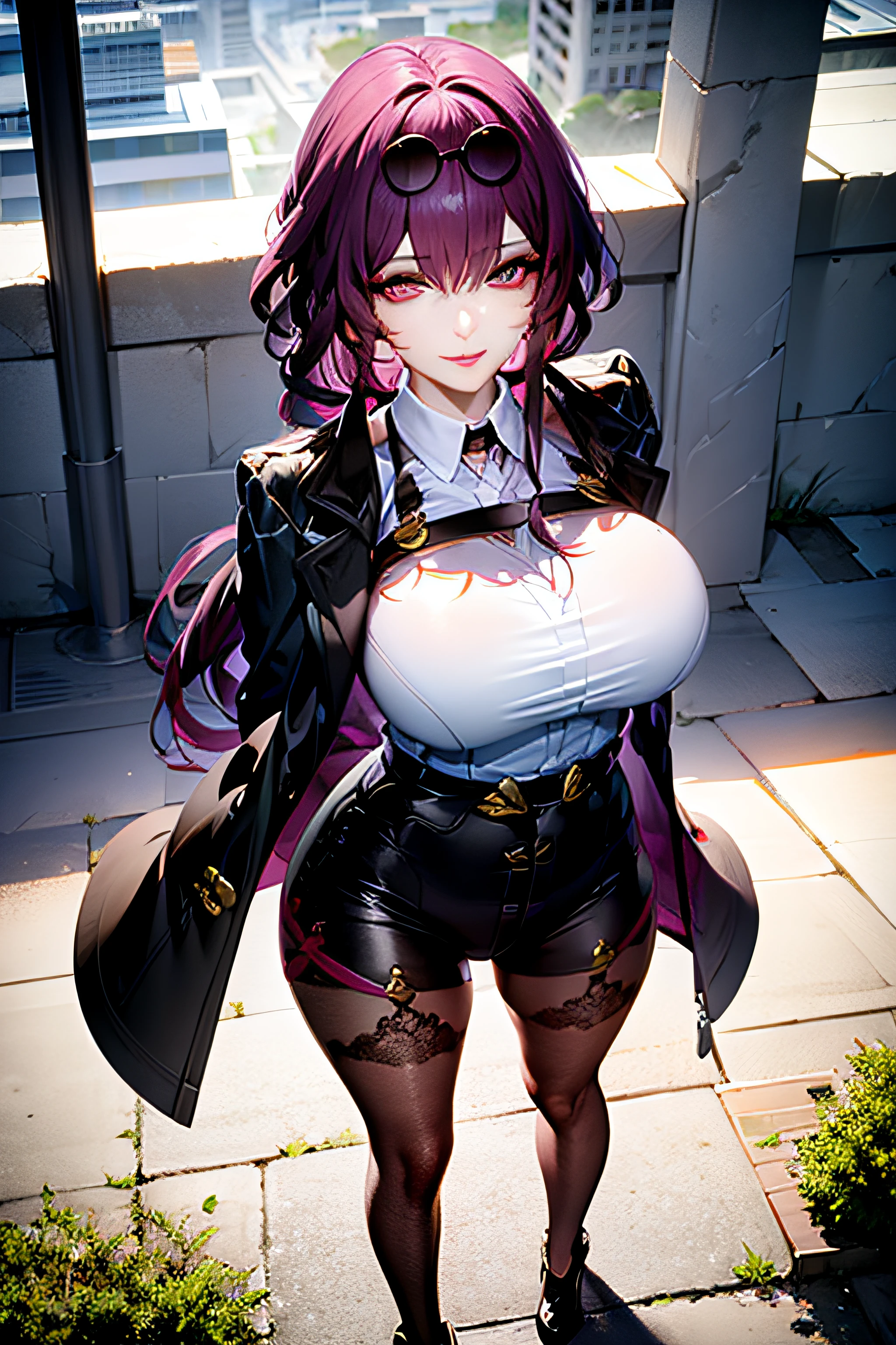 masterpiece, best quality, 1girl, KafkaV4, large breasts, shiny skin, purple hair, shirt, white shirt, jacket, eyewear on head, sunglasses, very long hair, standing, outdoors, night, light city, professional lighting, ((arms behind back)), lace-trimmed legwear, midriff, mature female, closed mouth, smile, ((from above:1.4)), looking at viewer,