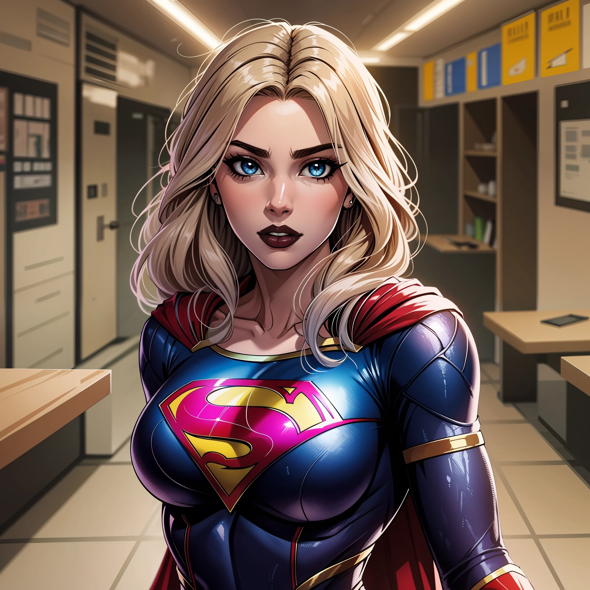 Mulher, supergirl, cabelo longo preto, uniforme preto, olhos castanhos escuros, em uma cidade destruida