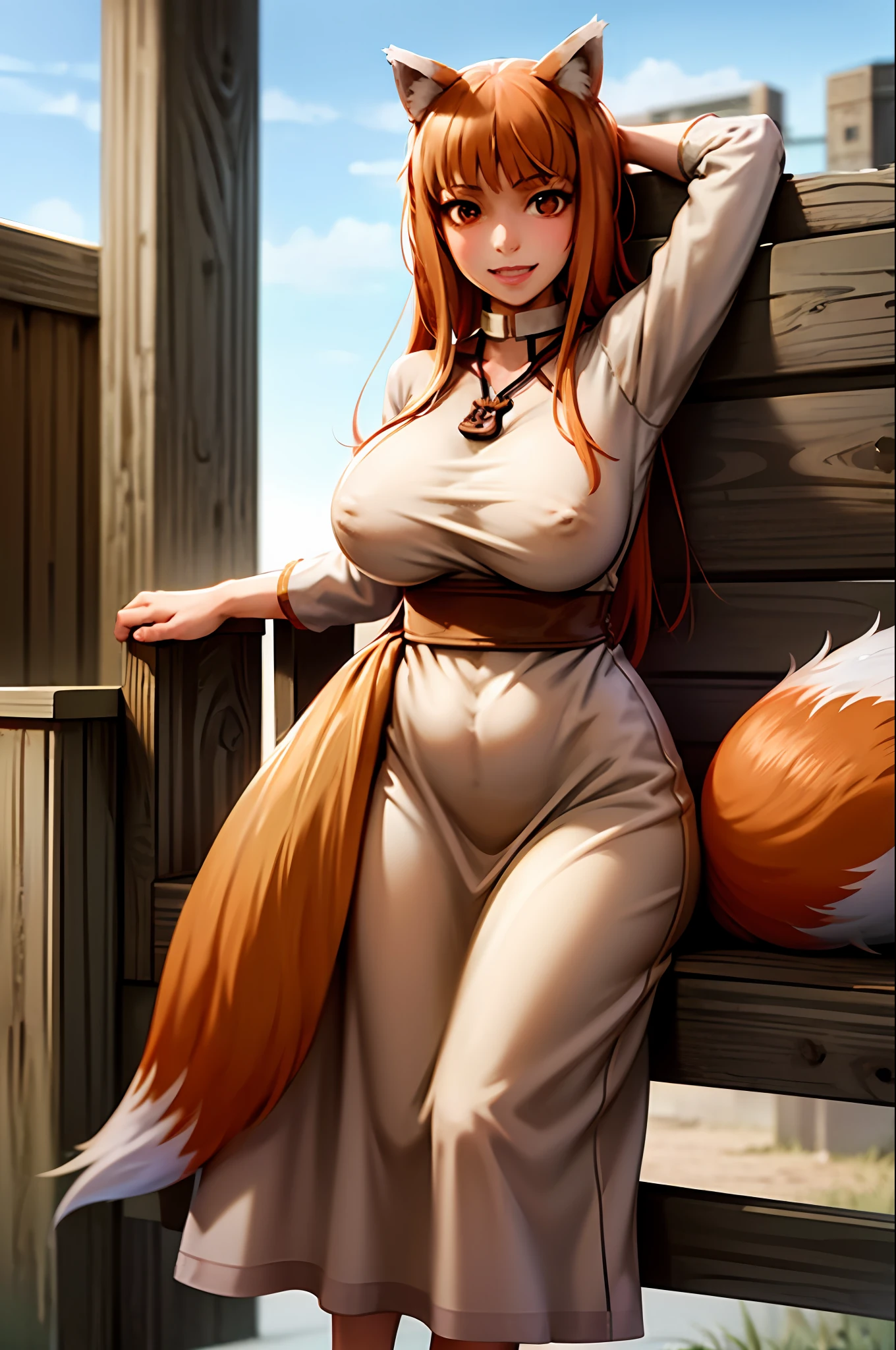 (holo:1.5), (holoBrownDress:1.5), masterpiece, best quality, absurdres, 1girl, looking at viewer, standing, cowboy shot, outdoors, medieval, cobblestone street, town, pouch, sash, smile, fruit, apple, basket,huge breast, curvy