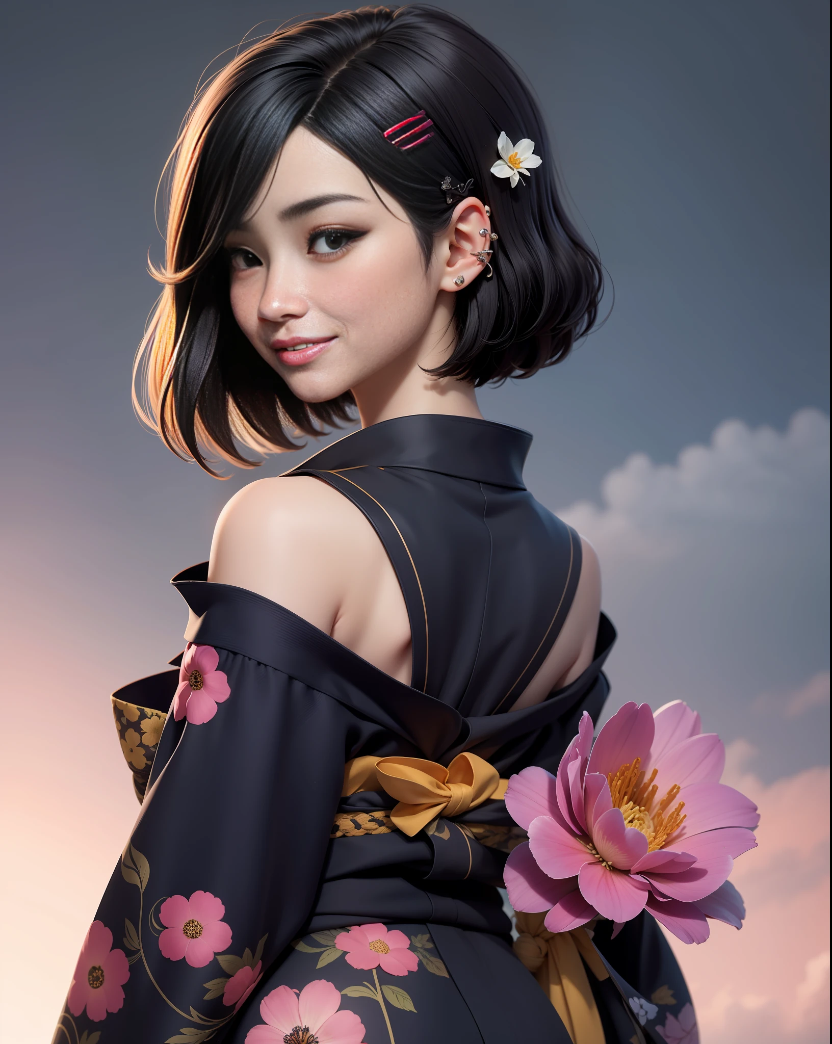 独奏、One、The wind is blowing、from behind, Back to backward、Looking back、Floral pattern turning around、Komono、Wafuku、Kimono、Upper body body、a smile、closed mouths、short-haired、最好质量, femal、独奏, shiraga, black har, piercings, two tone hair, Parted lips, Black eye, s lips, GothicC, Mole, naturey、hair clips、Petals spread gracefully、Fine details are meticulously expressed、Delicate pattern