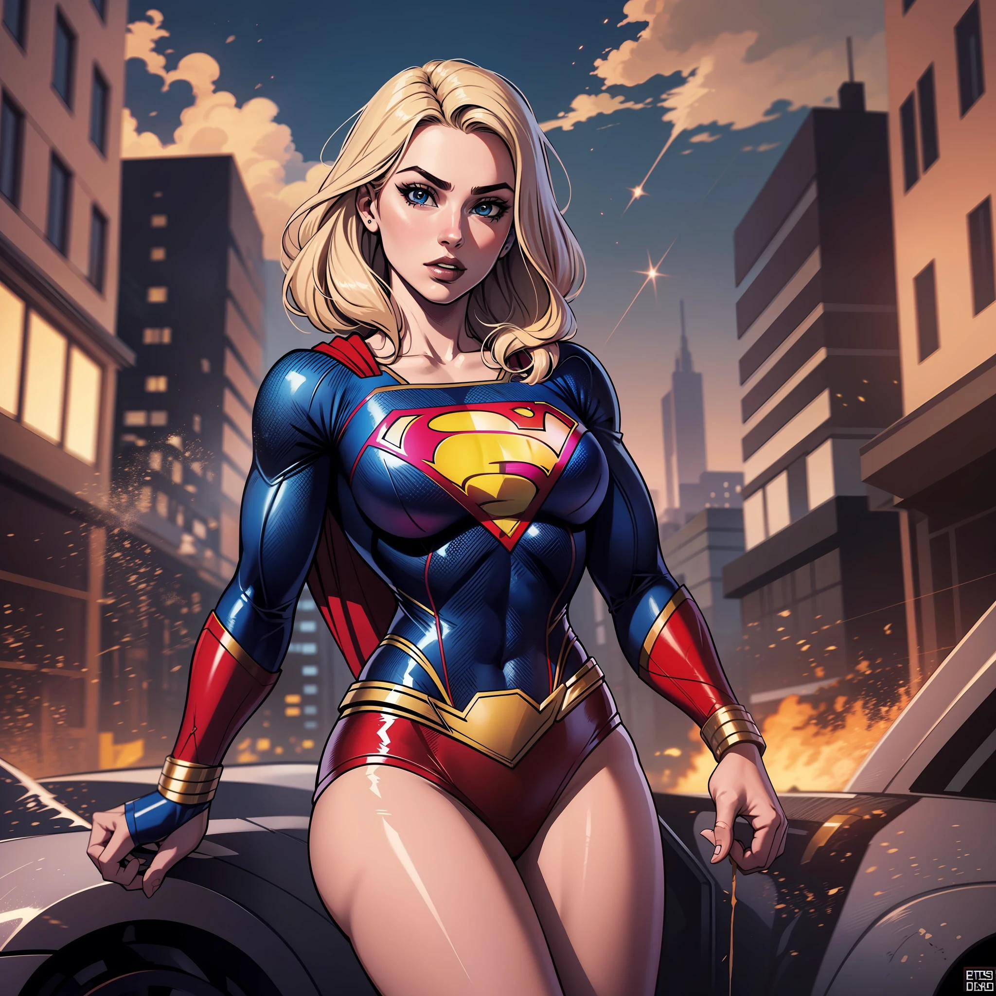 Mulher, supergirl cabelos pretos e  uniforme preto, olhos castanhos escuros, em uma cidade destruida